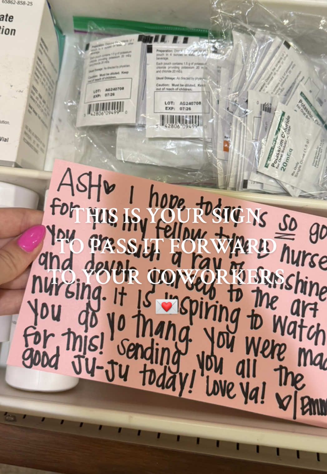 Found it while I was passing meds and it made my day! I’m so lucky to work with this sweetest people.. #fyp #nursesoftiktok #newgradnurse #passitforward #thisisyoursign #coworkers #nursingcommunity 