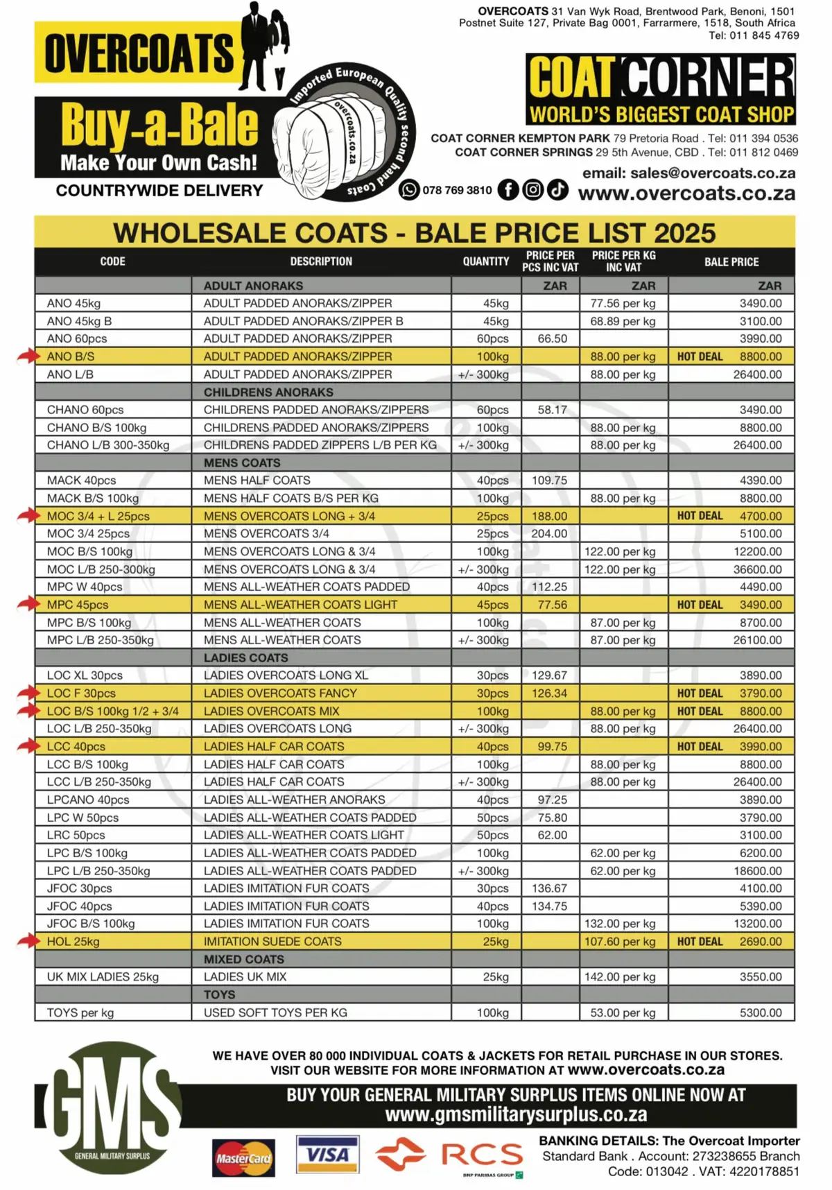 The 2025 bale price list is officially here! See you in store soon or give our reps a call and we can assist! #southafrica #overcoats #coatcorner #coatcity #pricelist #wholesale