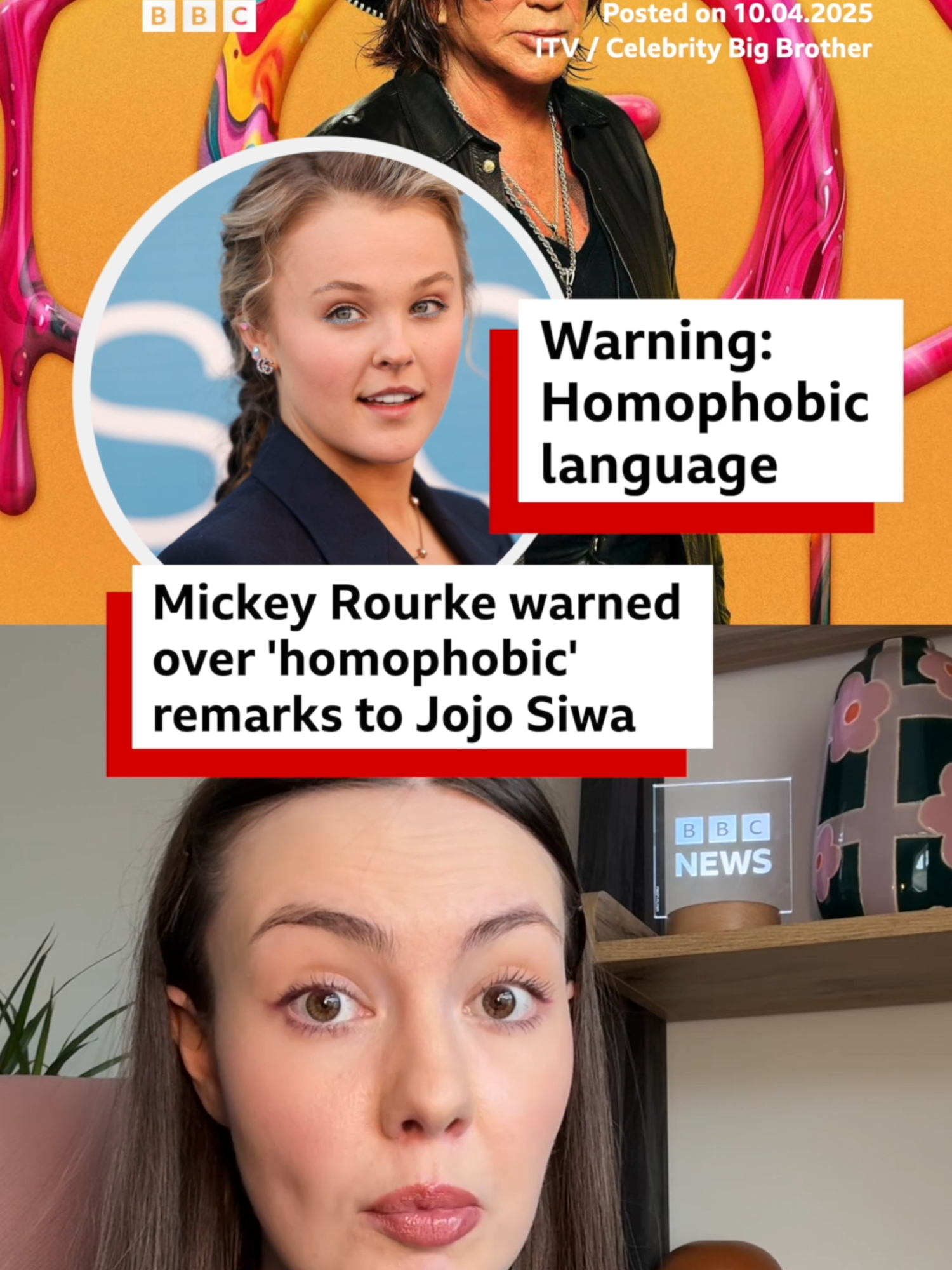 Big Brother told Mickey he would be removed from the house if he doesn't change his behaviour. #BigBrother #MickeyRourke #JojoSiwa #CBB #Housemate #ChrisHughes #RealityTV #BBCNews