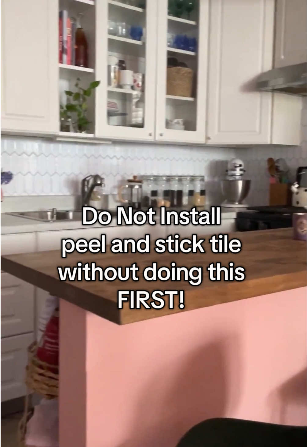 If you want to try peel and stick tiles in your home without the stress or damage or removing them - add a layer or contact paper or peel and stick wallpaper as a barrier for one-strip removal! Future you will thank you! #renterfriendly #peelandsticktile #peelandstick #peelandstickbacksplash #maximalistdecor #diyhomedecor 