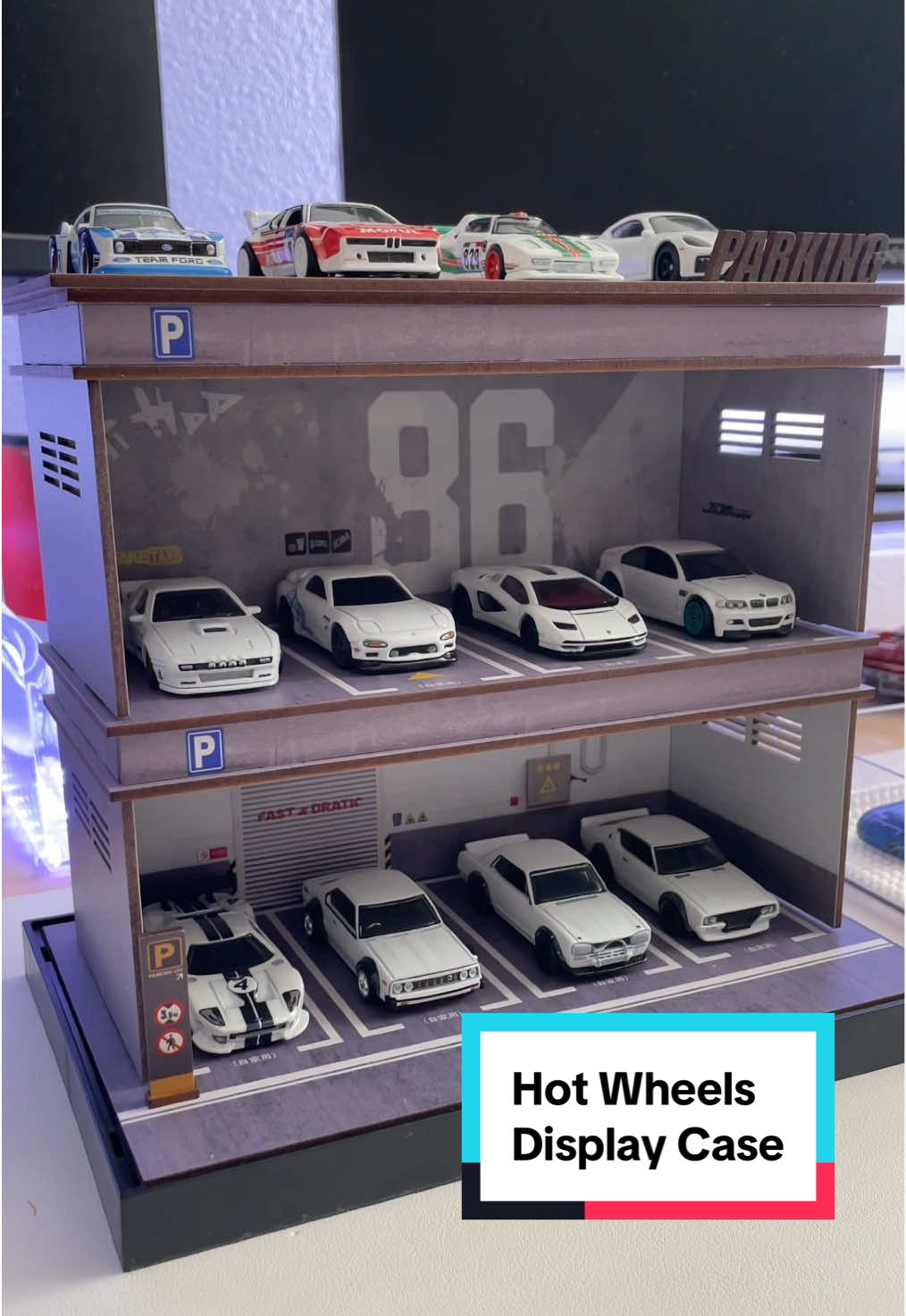 Hot Wheels Diecast Display Case - 1/64 Scale Die-cast Model Car Display Case with LED Light and Acrylic Cover, Wooden Parking Garage in 3 Floors with 10 Parking Spaces #disneycars #lightningmcqueen #fyp #radiatorsprings #kachow #carsmovie #pixar #hotwheels #collection #cars #carsoftiktok 