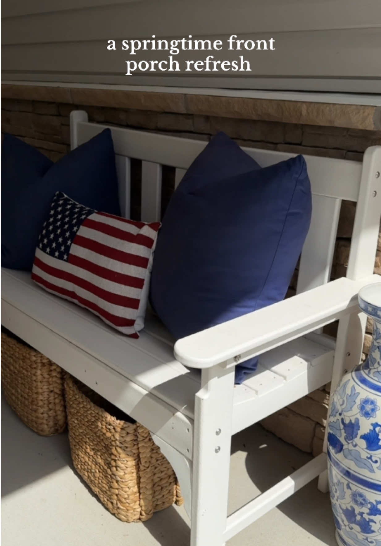 just need my flowers to bloom now🥰 #springtime #frontporch #porchdecor #homedecor #southernporch #southern #grandmillenial #wreathsash #fyp 