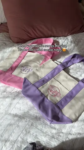 Can’t believe she got them and had no idea they are sold out everywhere 😅 #traderjoes #traderjoesfoodreviews #traderjoeshaul #minitotebag #pastel #bagtok 