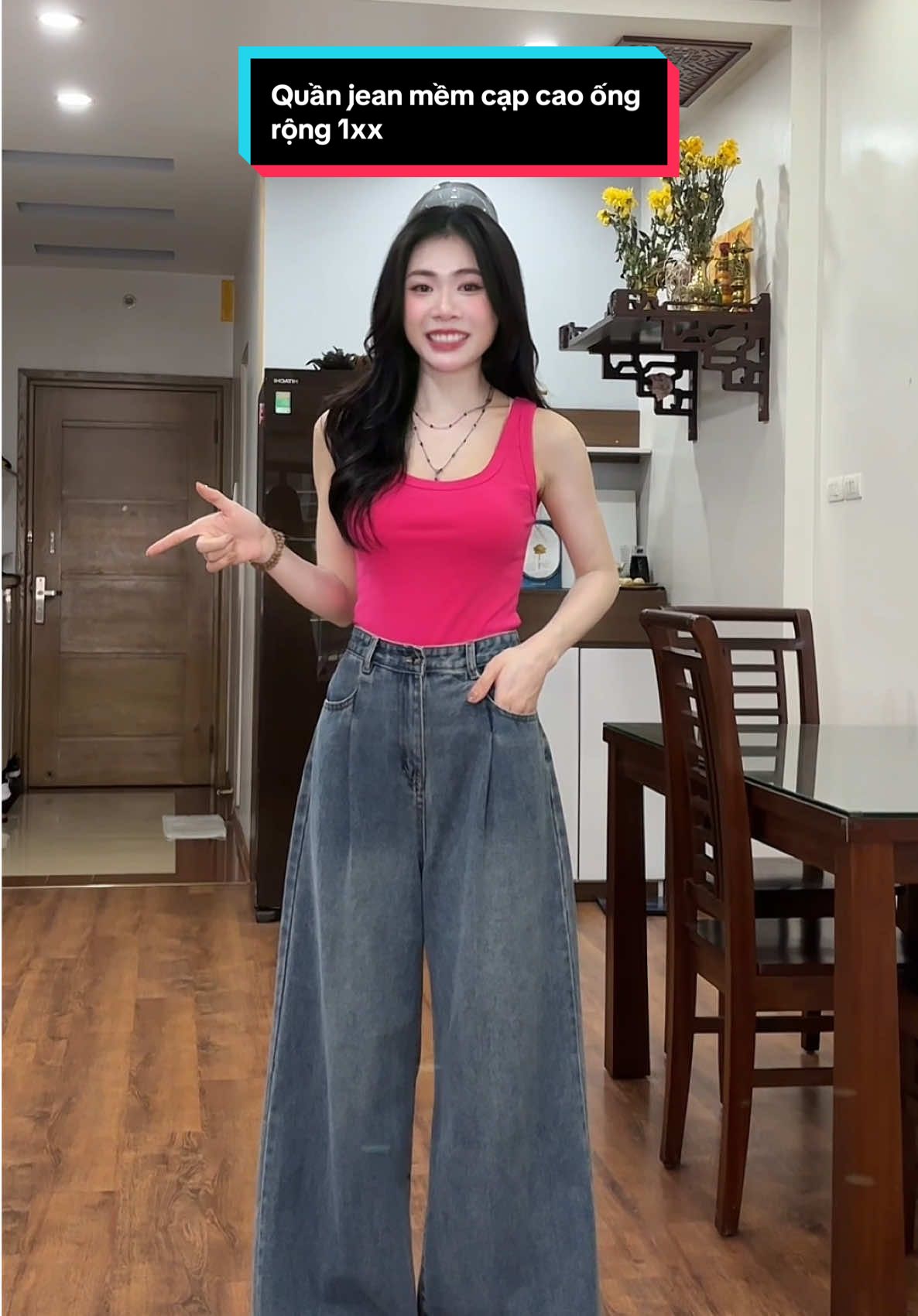 Mê ơi là meee 🩷 Quần jean ống rộng cạp cao, che khuyết điểm bụng to siu xinh lun ạaaa #xuhướng #hongrangngoi #thoitrangnu #review #quanjeanongrong #quanjeannu 