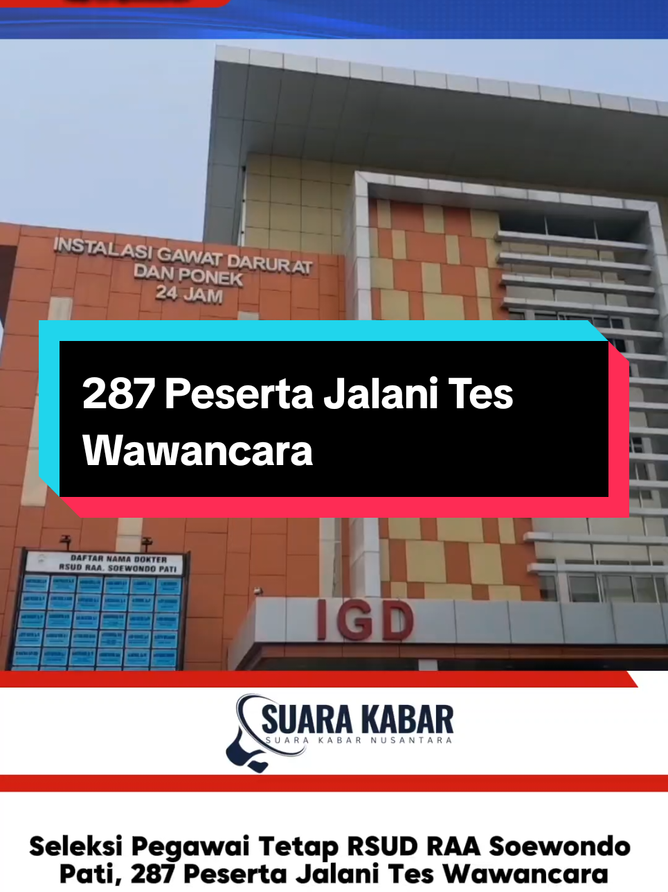 Pati, 11 April 2025 - Sebanyak 287 orang yang menjalani tes wawancara seleksi pegawai tidak tetap Badan Layanan Umum Daerah (BLUD) berkesempatan menjadi pegawai tetap di RSUD RAA Soewondo Pati. Proses seleksi berlangsung selama dua hari, Kamis-Jumat (10-11 April 2025). Hasil tes wawancara akan diumumkan melalui website resmi RSUD pada Jumat sore usai rangkaian tes.   