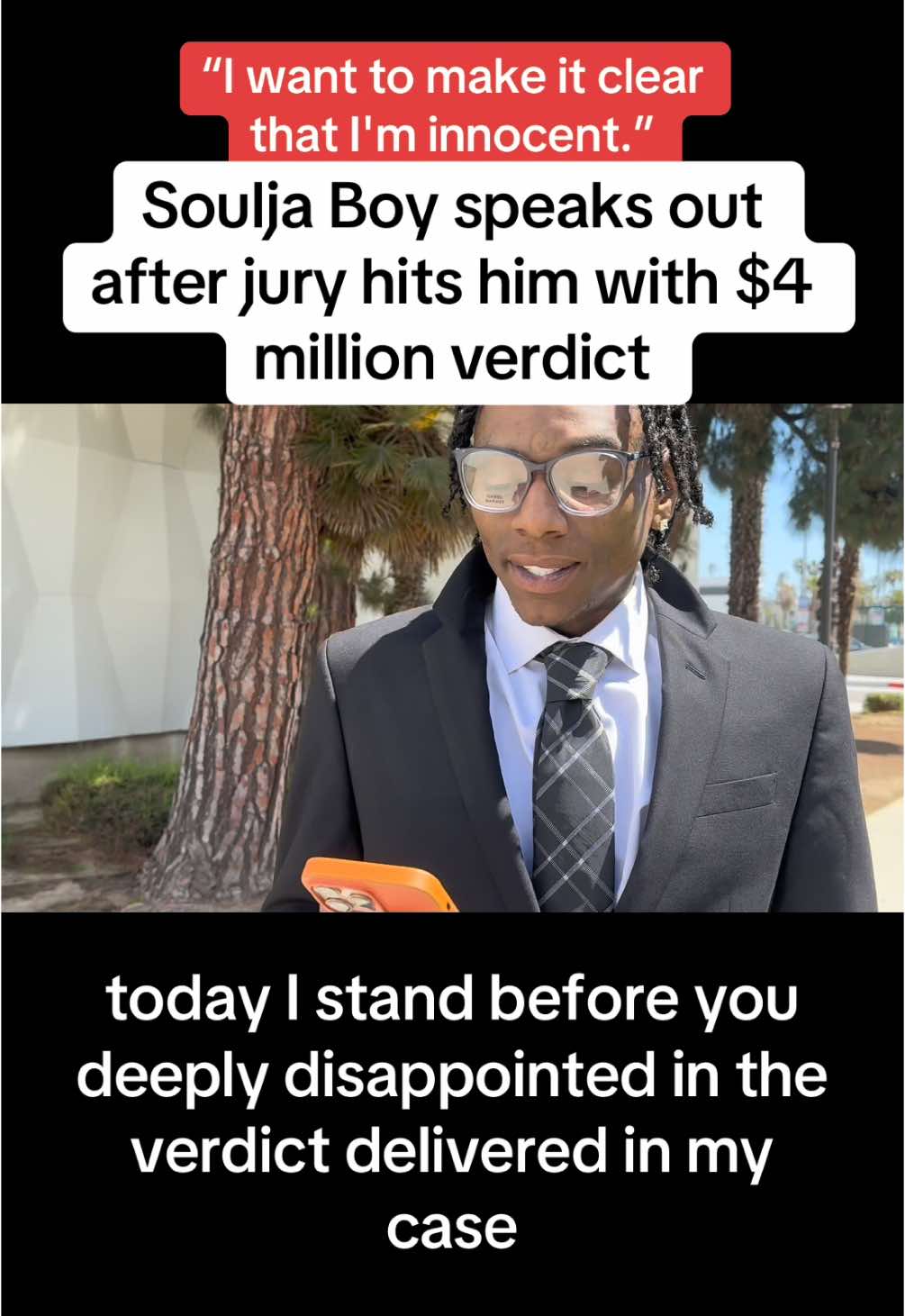 A jury on Thursday ordered rapper DeAndre Cortez @Soulja Boy (Draco) Way to pay $4.25 million to a woman who said he abused her while she lived in his home as a marijuana blunt roller and personal assistant. You can watch the lawyer whi owns the firm that represents the plaintiff discuss the case here @Meghann Cuniff. The verdict in Los Angeles County Superior Court includes $250,000 in punitive damages. The jury of five men and seven women found Way liable for sexual battery, assault, intentional infliction of emotional distress, sexual harassment, gender violence and two employment-related claims after a three-week trial that focused on approximately 18 months the woman spent with Way between January 2019 and August 2020. Jurors did not find Way liable for false imprisonment. The woman’s lawyers had asked for $73.5 million in compensatory damages, then asked for $4 million in punitive to match the approximately $4 million the jury awarded in compensatory. I spoke with Soulja outside the courthouse.  He said the jury got it wrong. “I firmly believe that the decision made in court was not based on facts or substantial evidence, but rather on factors that were outside of my control,” 34-year-old Way said in a written statement he read aloud outside the courthouse. “The truth was overshadowed by the involvement of individuals such as the jury who were not present during the events in question, and I feel that the system allowed external influences to shape the outcome.” He also said the woman’s anonymity “raises serious concerns about fairness.” “Keeping these individuals anonymous while I’m forced to face public scrutiny creates an unequal playing field. I believe this entire process has been tainted by a system that is not designed to protect the rights of the accused,” Way said. Way said he wants “to make it clear that I’m innocent” and “this case was never about justice.” “It was about money and personal gain, and I will not let that stand. I am committed to filing an appeal and fighting for the truth to be revealed. I will continue to stand by my decision and believe that I did not commit the crimes I’m accused of,” Way said. Way is not charged with a crime, but he’s scheduled for another trial in a similar lawsuit from a former girlfriend who claims years of abuse. In 2023, a jury ordered him to pay a woman $471,900, including $236,000 in punitive damages in another assault and unlawful imprisonment lawsuit. You can read much more about the trial in my article; link in profile! #souljaboy #crime #law #celebrity #legal #lawsuit #rap #hiphop 