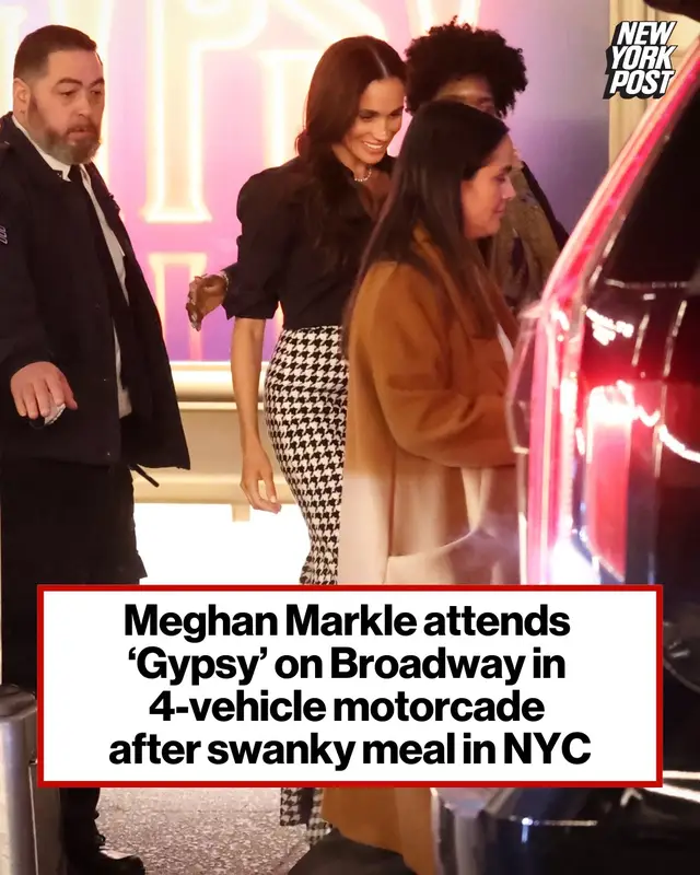 Meghan Markle is taking a bite out of the Big Apple. The Duchess of Sussex, 43, grabbed dinner at the Polo Bar in Midtown with pals, before attending the Broadway production of “Gypsy” on Thursday night. In photos exclusively obtained by The Post, Markle appeared in good spirits during her outing, for which she donned a black blouse and floor-length houndstooth pencil skirt, as well as a pair of black pumps. The “Suits” alum kept her signature brunette locks flowing over her shoulders, and accessorized with minimal gold jewelry for the occasion. After dinner, Markle was driven from the Polo Bar to the Majestic Theatre in Times Square — in a four-vehicle motorcade, no less. An unmarked NYPD car accompanied the duchess on her 1.5-mile journey. The mom of two was closely guarded by security as she entered the theater. There, she enjoyed — or endured — a 2-hour-and-40-minute revival of “Gypsy,” helmed by six-time Tony winner Audra McDonald. Markle’s increased security comes after she and her husband, Prince Harry, were caught up in a so-called “near catastrophic” paparazzi car chase through Manhattan in May 2023. 📸: Probe-Media for PageSix.com