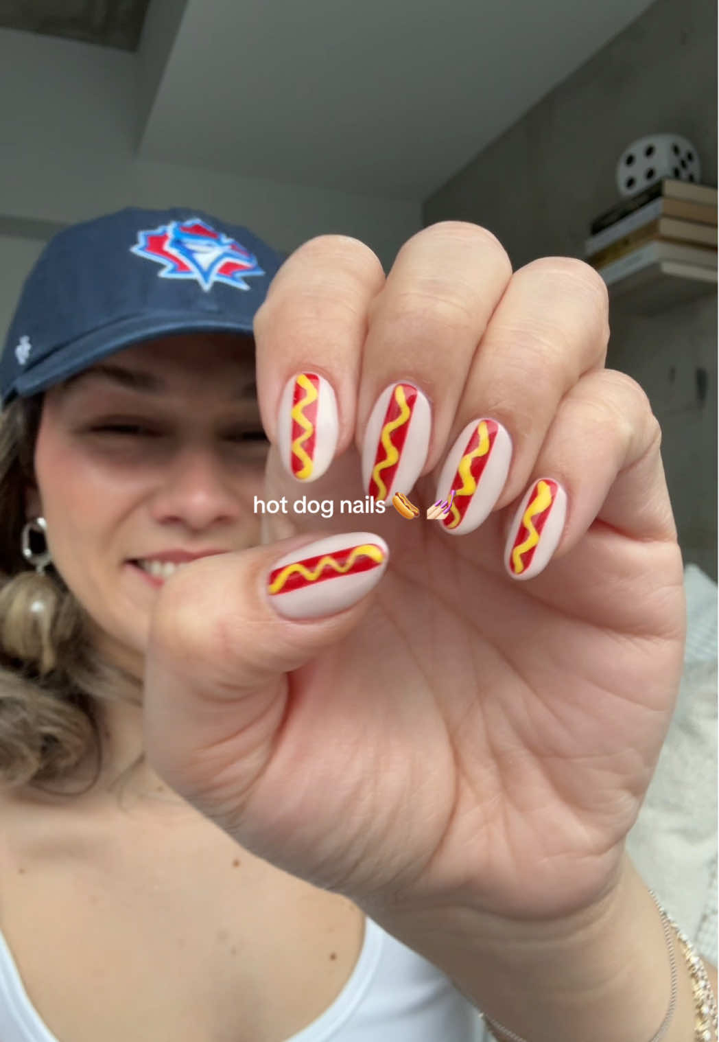 baseball season is here and hot dog nails are in, you heard it here first 🌭⚾️  #nails #nailinspo #nailinspo2025 #nailart #funnails #baseball #bluejays #foodnails #fyp #nailsoftiktok 