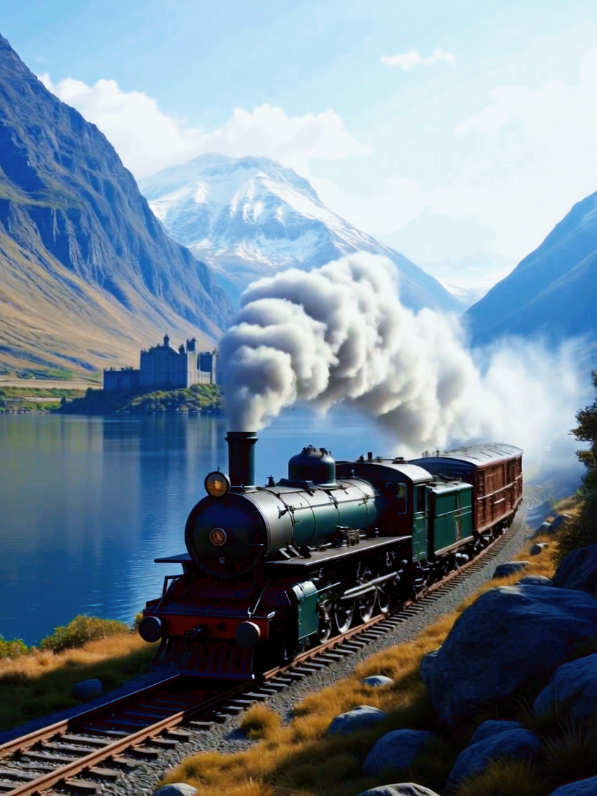 Sream train running in a beautiful natural scenery #trainvideo #locomotive #traintravel #beautifulplace #landscape #aivideo 