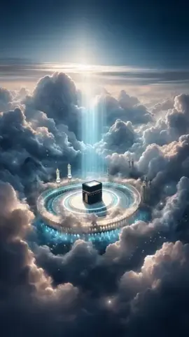 A surreal, heavenly vision of the Kaaba floating peacefully among vast, billowing clouds. Rays of divine light break through the skies, illuminating the sacred structure as it stands elevated, surrounded by angelic mist and a glowing circular colonnade. The clouds swirl gently, glowing with ethereal blues and silvers, giving the scene a celestial aura. Two minarets rise gracefully beside the Kaaba, their tips piercing the sky as light beams cascade down from the heavens above. The atmosphere is otherworldly and spiritual — like a dream, peaceful yet powerful. Soft Quranic recitation plays in the background, mixed with gentle wind and echoing chants. The camera slowly glides through the clouds, drawing closer to the Kaaba in majestic 4K resolution, capturing the light shimmer on its black and gold surface. A sense of divine presence fills the air, evoking awe and serenity.