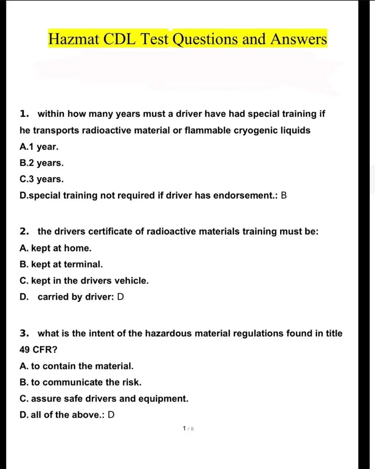 Hazmat Cdl answer key for any states #fyp #cdltest #trucking #cdltrainingschool 