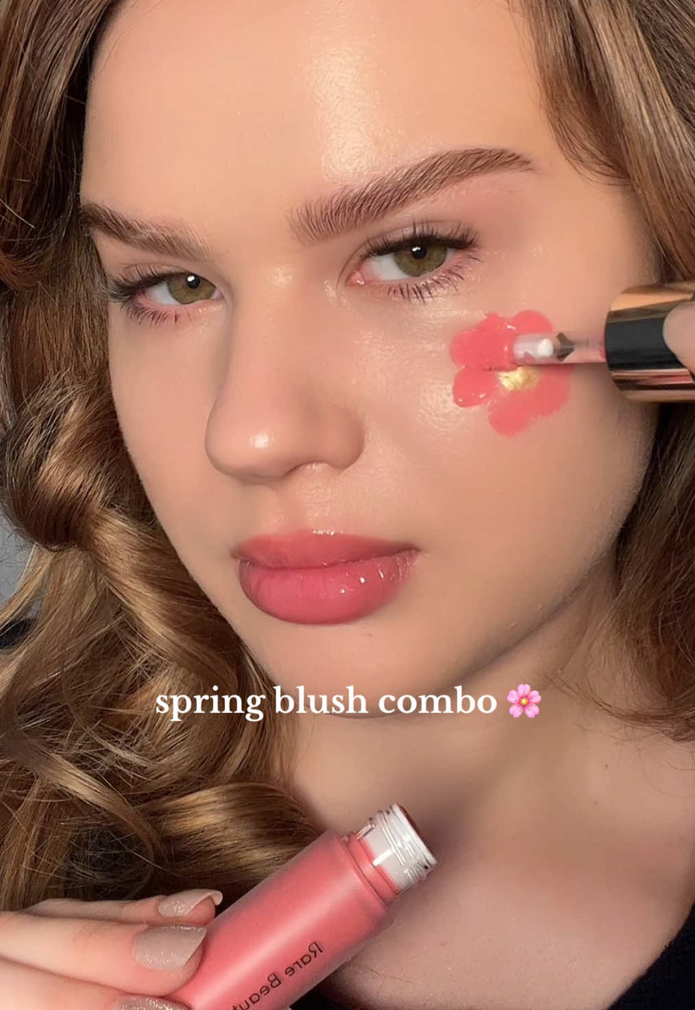 perfect spring blush 🌷✨ @Rare Beauty liquid blush ‘happy’ liquid highlight ‘outshine’ #blush #springmakeup #rarebeauty  
