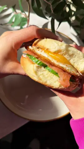 Salmon for breakfast? Yes. #salmon #sandwich #egg #muffin 