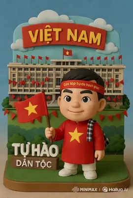 Bước1: vào ChatGPT đăng nhập tại dấu 3 chấm chọn create image sau đó chép đong lệnh bên dưới vào Tạo một cảnh diorama thu nhỏ có độ chi tiết cao theo phong cách nhà chibi như hộp box đồ chơi bán ở siêu thị. Bao gồm một bức tượng nhỏ đồ chơi toàn thân của người trong ảnh theo phong cách chibi dễ thương và hình ảnh Dinh Độc Lập tại Hồ Chí Minh theo dạng ghép 2 mặt. Hình phải được thu nhỏ một cách thích hợp và có thể nhìn thấy đầy đủ trong môi trường: Nhân vật: nam, thấy toàn thân, mặc áo dài đỏ sao vàng ở giữa, quần trắng, giày trắng đậm chất Việt Nam không được giống Trung Quốc, đứng cầm cây cờ Việt Nam bự hơn người một xíu. Có vắt khăn rằn đậm chất Nam Bộ trên vai. Nhân vật đeo băng rôn đỏ ngang trán có chữ Độc lập tự do hạnh phúc vừa kích thước với nhân vật. Bối cảnh: Dinh Độc Lập tại Hồ Chí Minh, có trang trí nhiều dây cờ đỏ sao vàng, chỉ trang trí cờ đỏ sao vàng không lấy cờ có hình dáng, trang trí kiểu chào mừng lễ 30.04 phù hợp với Dinh phía trên có mây. Yêu cầu: thấy được toàn thân nhân vật, trẻ trung dễ thương. Màu sắc ảnh: tươi sáng vui tươi. Tên và bảng hiệu chính xác: [Việt Nam]: to ở bên góc trái Dinh [Tự Hào]: đặt dạng 3D màu trắng 1 góc phải sàn mô hình [Dân Tộc]: bảng chữ nhỏ dưới chữ Tự Hào Ánh sáng: tươi sáng, thoải mái. Bảng hiệu: bao gồm bảng tên thu nhỏ trên sàn và tường, theo chủ đề 30.04 Bức ảnh: chụp góc rộng thấy toàn cảnh mọi thứ cân đối hài hòa, có chiều sâu theo khung dọc 3:4 Tất cả chữ phải chính xác đúng chính tả. Có thể tham khảo thêm một số hình ảnh kèm theo sau:( thêm ảnh cảnh bạn muốn vaff thêm ảnh chân dung của bạn ngay mục dấu +) Bước 2: sử dụng hailuoai.video để làm ảnh động theo câu lệnh ở mục promt The character in the photo is waving a flag, looking at the camera, smiling, raising his lefthand in salute and walking out of the floor #trending #trend #ai #aivideo #capcut #tiktok #xuhuong #xuhuongtiktok #xuhuongcapcut #videoai #50namgiaiphongmiennnam🇻🇳 