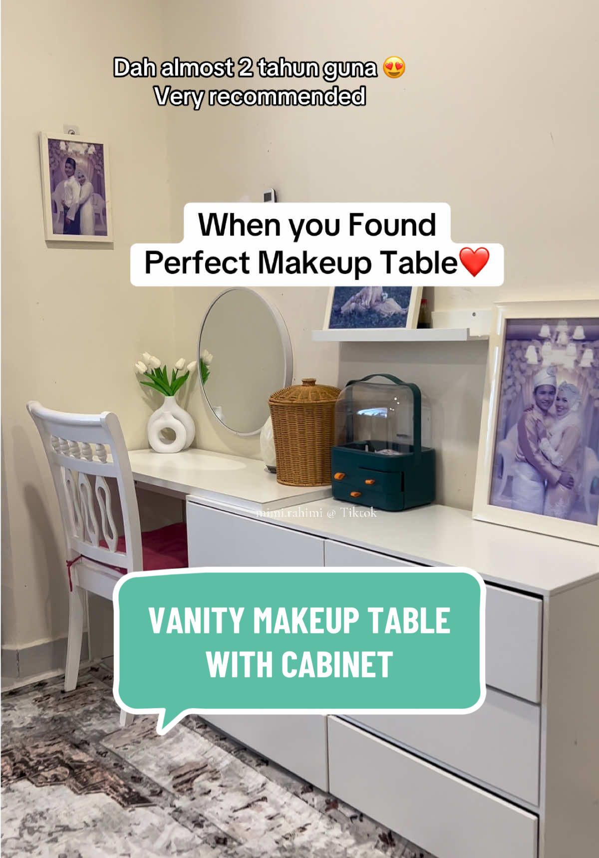 Berbaloii besar, luas, kukuh pulak tu my dream vanity table. #vanitytable #mejamekap #mejastudy #vanitycabinets #vanitydrawers #makeuporganizer 