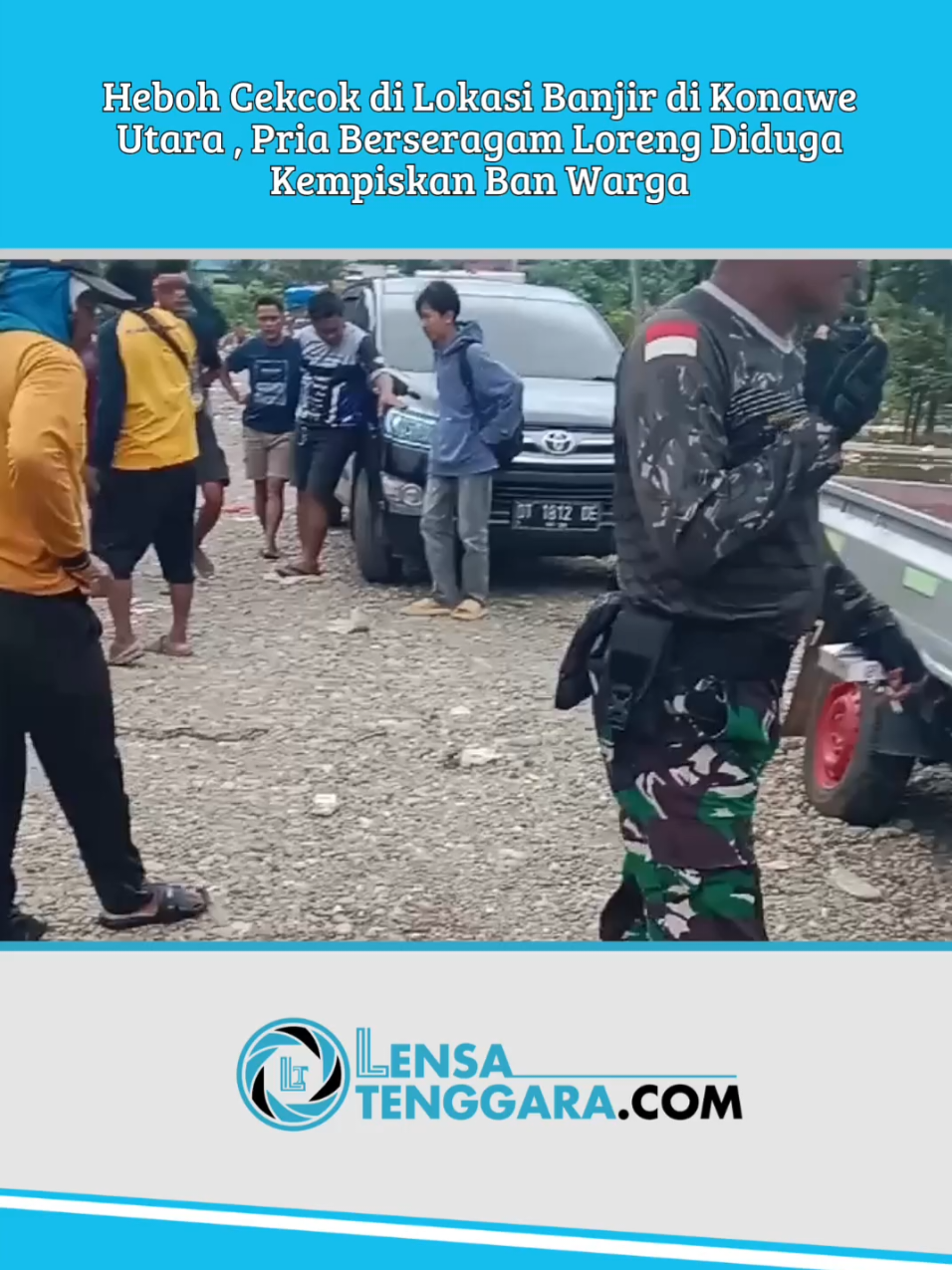 LENSATENGGARA.COM, KONAWE UTARA - Sebuah insiden adu argumen antara seorang pria berseragam lengkap TNI Angkatan Darat (TNI-AD) dengan seorang pengendara mobil pick up terjadi di lokasi banjir, tepatnya di tempat penyeberangan kendaraan di Jalan Trans Sulawesi, Desa Sambandete, Kecamatan Oheo, Kabupaten Konawe Utara (Konut), Sulawesi Tenggara (Sultra). Peristiwa ini terekam kamera warga dan viral di media sosial. Dalam rekaman tersebut, pengendara mobil tampak emosi dan memprotes tindakan pria berseragam loreng yang diduga mengempiskan ban kendaraannya. Seragam pria tersebut tampak bertuliskan “Rindam XIV Hasanuddin” di bagian belakang. Pengendara yang merasa dirugikan itu marah dan meminta pertanggungjawaban, sementara pria berseragam tersebut berdalih bahwa ia mengempiskan ban karena mobil pick up tersebut menghalangi kendaraan lain yang hendak menyeberang di tengah banjir. Perdebatan antara keduanya pun terus berlanjut, dengan pemilik mobil membantah alasan yang diberikan dan menuntut pertanggungjawaban atas kejadian tersebut. Video : Istimewa  #lensatenggaracom #lensatenggara 