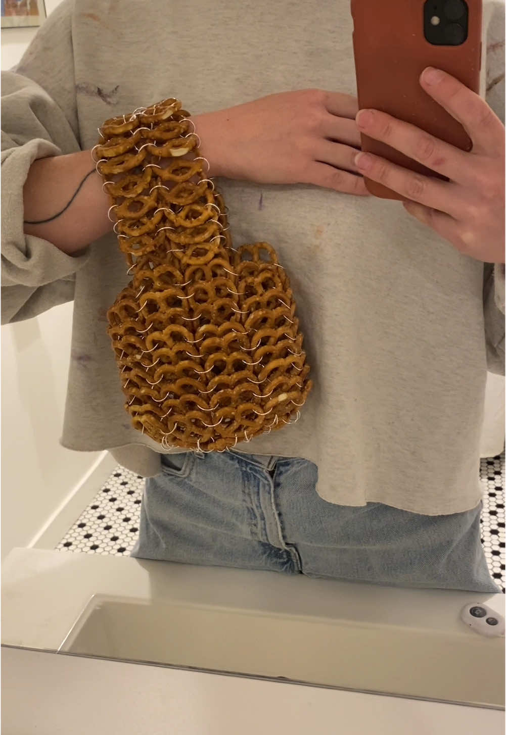 🥨 made a chainmail bag linked from pretzels 🥨  Designed and created by me 🤓  #chainmail 