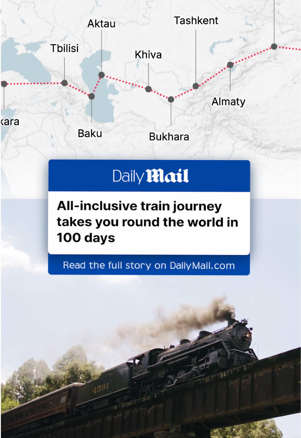 If you have three months to spare and you happen to have around $150K lying around, then this epic rail journey might be just the ticket. Adventures By Train have announced a flagship tour that will take passengers around the world in 100 days. However, only twelve people will be able to join the first trip, so adventurers need to be quick to secure a spot! Read the full story on DailyMail.com #train #news #world #journey #travel 