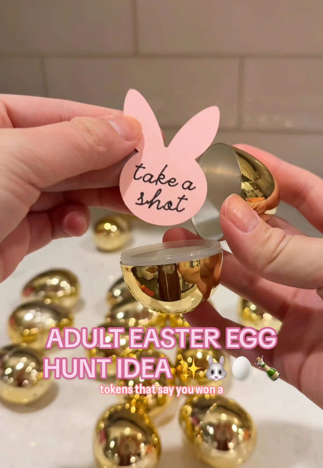 ADULT EASTER EGG HUNT IDEA! 🐰🍾🥚✨ Who said egg hunts are just for kids? I made little tokens that say give a shot, take a shot, had money in it or you win a prize. This was an easy and fun way to spice up a kids party. Bottoms up! 🥃 Everything linked on my LTK!#easteregghunt #adultegghunt #easterideas 