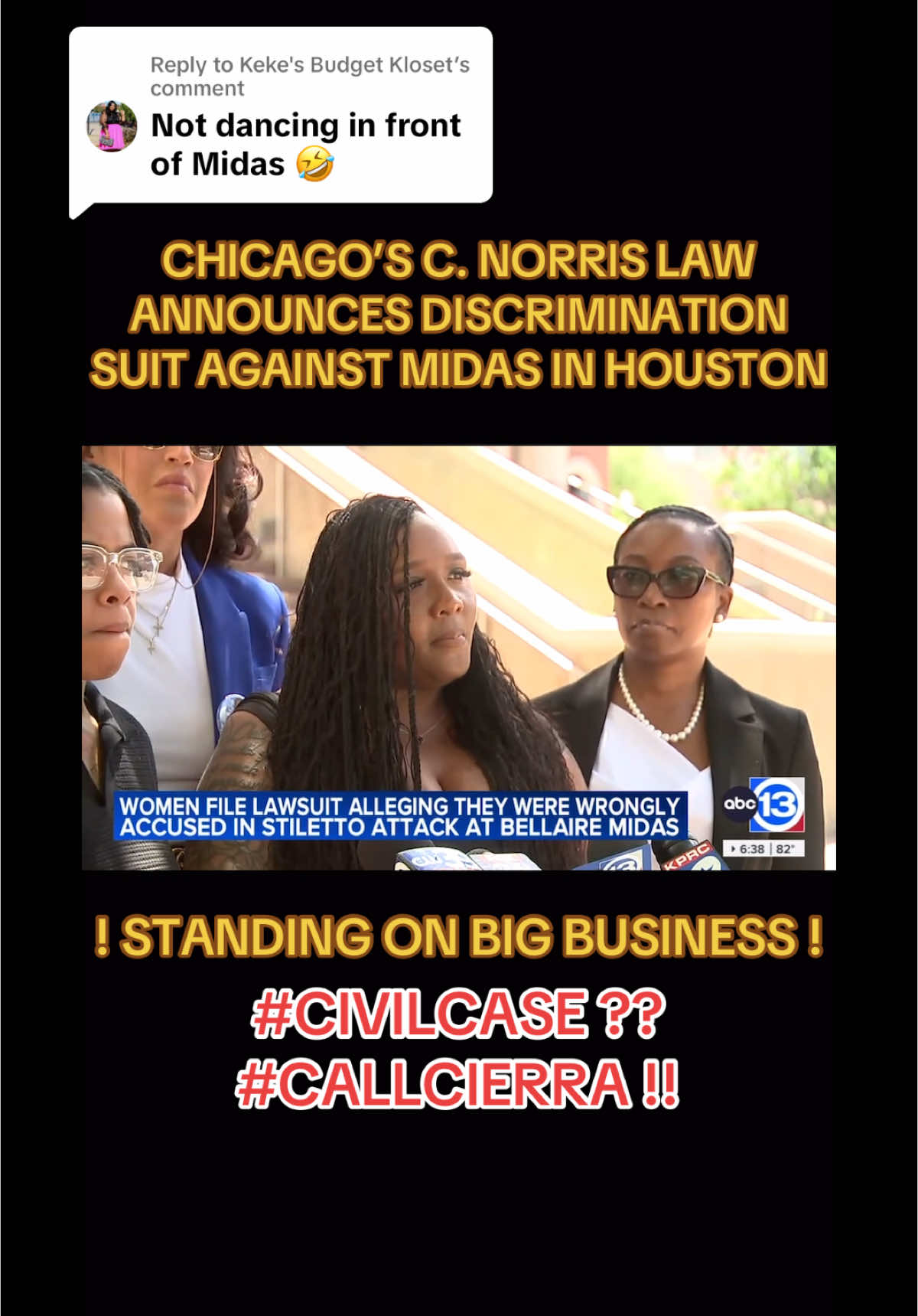 Replying to @Keke's Budget Kloset DETAILS ON THE DISCRIMINATION SUIT AGAINST #MIDAS #LGBTQ #Women #BlackWomen #Discrimination #Houston #TEXAS #Chicago #PersonalInjury #Corporations #CallCierra #BigBusiness #WomanLawyers 