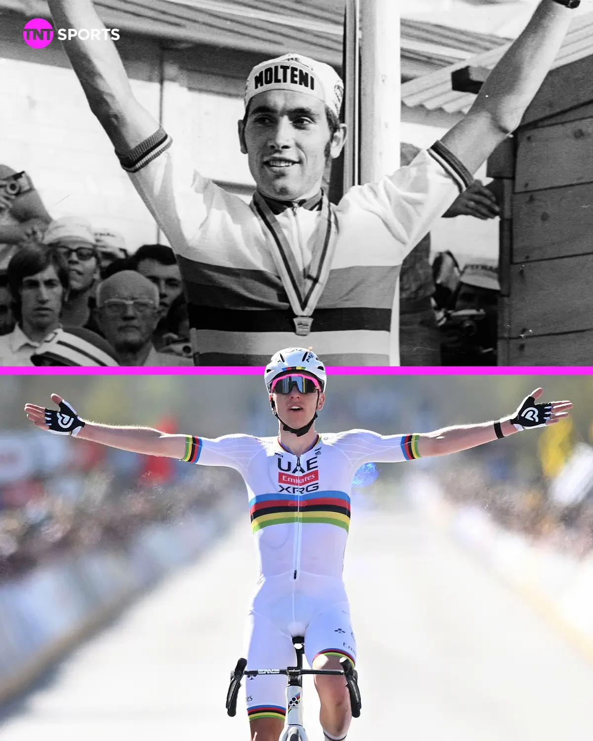 Tadej Pogačar joins Eddy Merckx as the only two riders in history to: • Podium at all five Monuments 🪨 • Podium at all three Grand Tours 🩷🟨🔴 • Become world champion 🌈 #cycling #roadcycling 