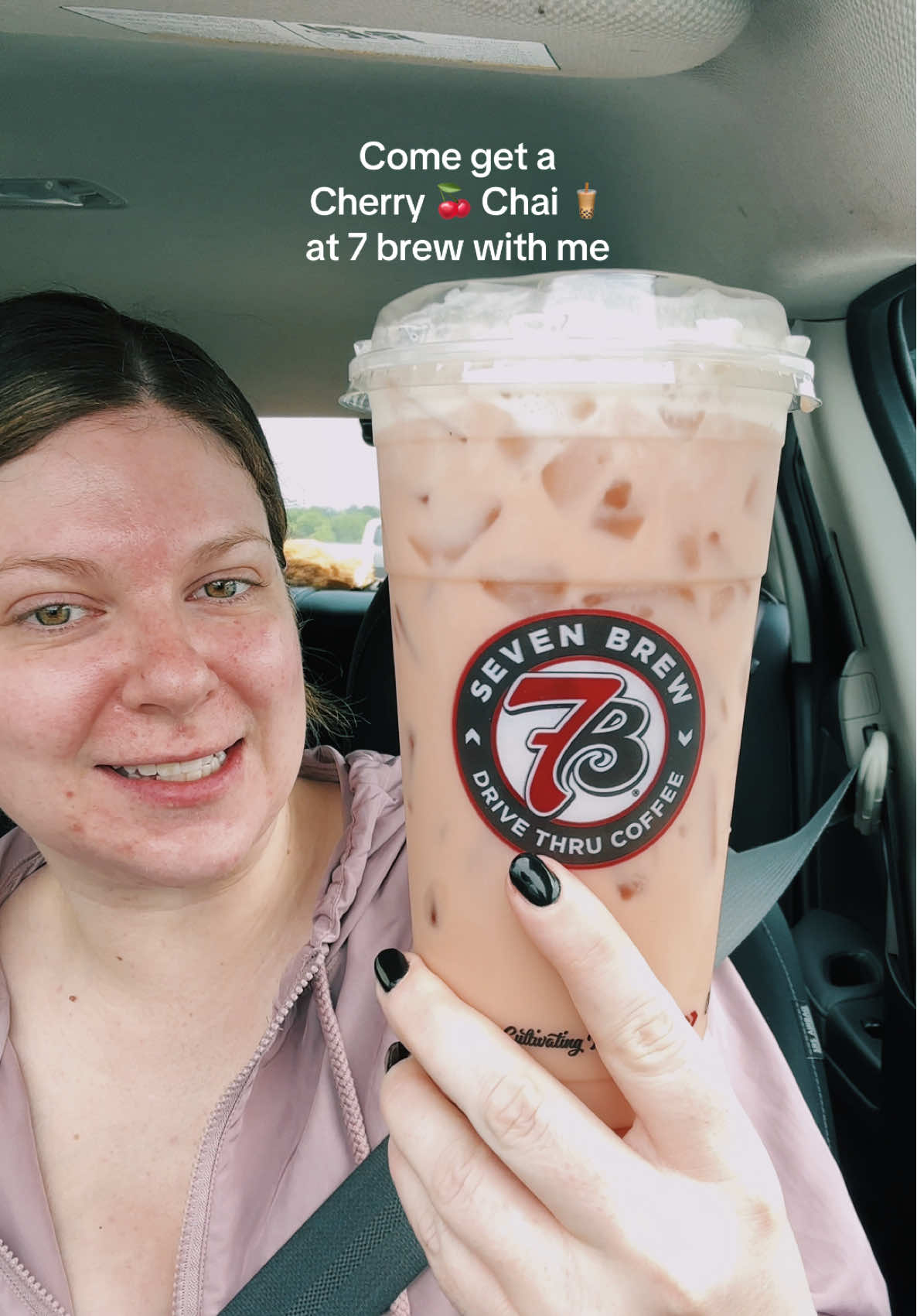 🍒How to order: Iced chai latte Almond milk Cherry syrup Cold foam #7brew #chailatte #cherrychai #cherryflavor 