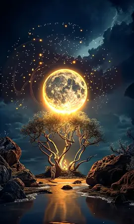 Un homme se tient debout, immobile, devant un arbre majestueux aux feuilles dorées, vibrant sous la lumière surnaturelle d’une pleine lune jaune. L’astre lunaire, énorme et irradiant, baigne le paysage d’une lueur mystique, transformant le sol rocailleux et désolé en un tableau onirique. Une rivière argentée serpente à travers ce désert lunaire, reflétant les éclats dorés de l’arbre et la lueur laiteuse du ciel.   L’homme, silhouette solitaire, semble absorbé par la contemplation de l’arbre, comme s’il cherchait un secret enfoui dans ses branches étincelantes. L’atmosphère est à la fois paisible et énigmatique, entre réalité et rêve, où la nature et le cosmos se répondent dans une harmonie silencieuse.  #LuneMystique #PaysageOnirique #NuitMagique #ClairDeLune #RêveEveillé #Cosmique #AtmosphèreEnvoûtante #ArtFantastique #RéalismeMagique #Symbolisme #PeinturePoétique #LumièreDorée #OmbreEtLumiere #Surréalisme  #DigitalArt #FantasyArt #VisualPoetry #ArtOfTheDay #CreativeWriting #MoonLovers #GoldenAesthetic  