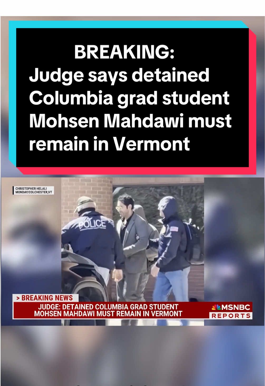 BREAKING: Judge says detained Columbia graduate student Mohsen Mahdawi must remain in Vermont Immigration authorities detained Mahdawi in “direct retaliation” for his participation in protests against the Israel-Gaza war, his lawyer said. Mohsen Mahdawi, who was born and raised in a refugee camp in the West Bank and is a U.S. permanent resident, was taken into custody by the Department of Homeland Security during his naturalization interview in Vermont on Monday, the lawyer, Luna Droubi, said in a filing. #breakingnews  #news  #judge  #columbia  #student #immigration 