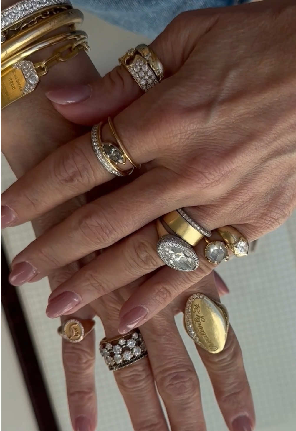 We asked Jade to walk us through her ring stack—every piece has a story, a mantra, or a memory. Basically, her fingers are a scrapbook. #finejewelry #diamondjewelry #jewelrystack #ringstack #diamonds #jadetrau 