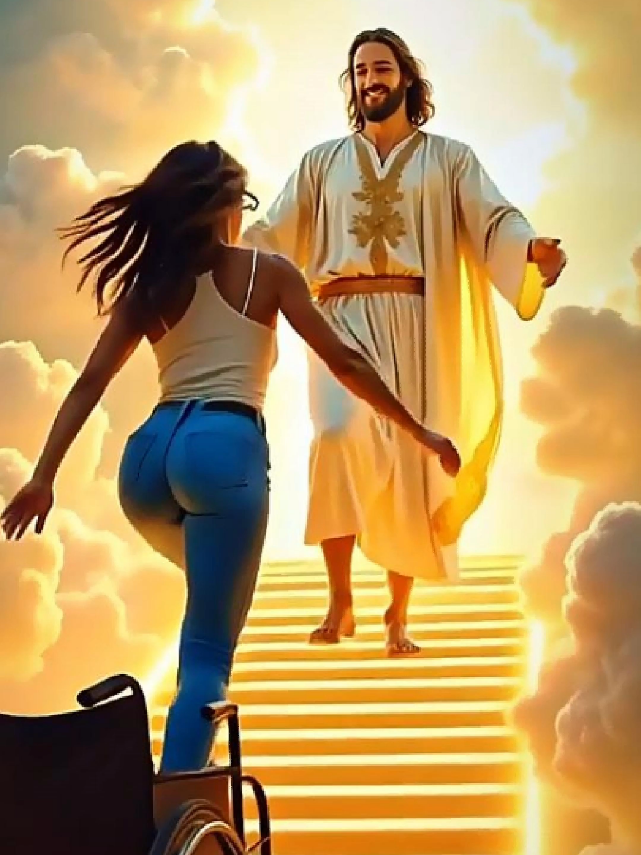 JESUS Welcomed Her Into Eternal Freedom. In the final moment between life and eternity, she was no longer bound by pain, suffering, or the weight of her earthly body. As she ascended, every step reflected freedom—until her spirit rose completely and ran into the arms of Jesus. This cinematic scene captures the beauty of that final journey: from a wheelchair to walking, from walking to running, and from earth… to Heaven. With open arms and divine peace, Jesus welcomed her into eternal freedom. No more pain. No more limits. Only love, light, and eternal life. 📖 “He will wipe every tear from their eyes. There will be no more death or mourning or crying or pain.” – Revelation 21:4 ✨ 🙏 If this moved your heart, like and share this message of hope. #Jesus #Faith #Bible #Prayer #Hope