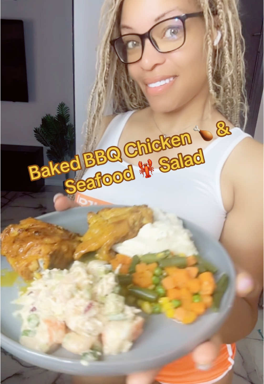 Seafood Salad🦀 and Baked BBQ Chicken🍗 w/Mashed Potatoes & Mixed Veggies🥕 