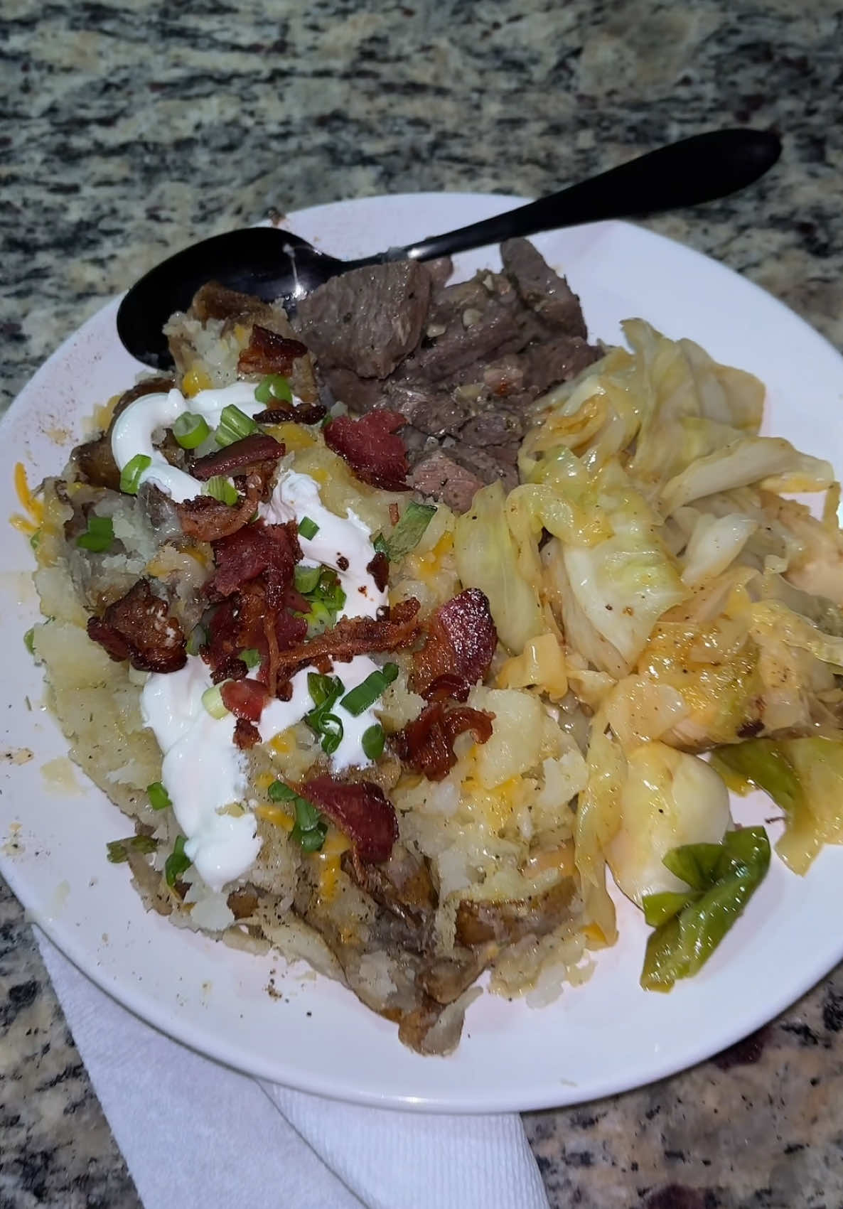 when i say it was absolutely worth the wait 🥲 #ribeye #bakedpotato #cabbage #dinnerwithme #goodeats #latedinner #goodnightguys 