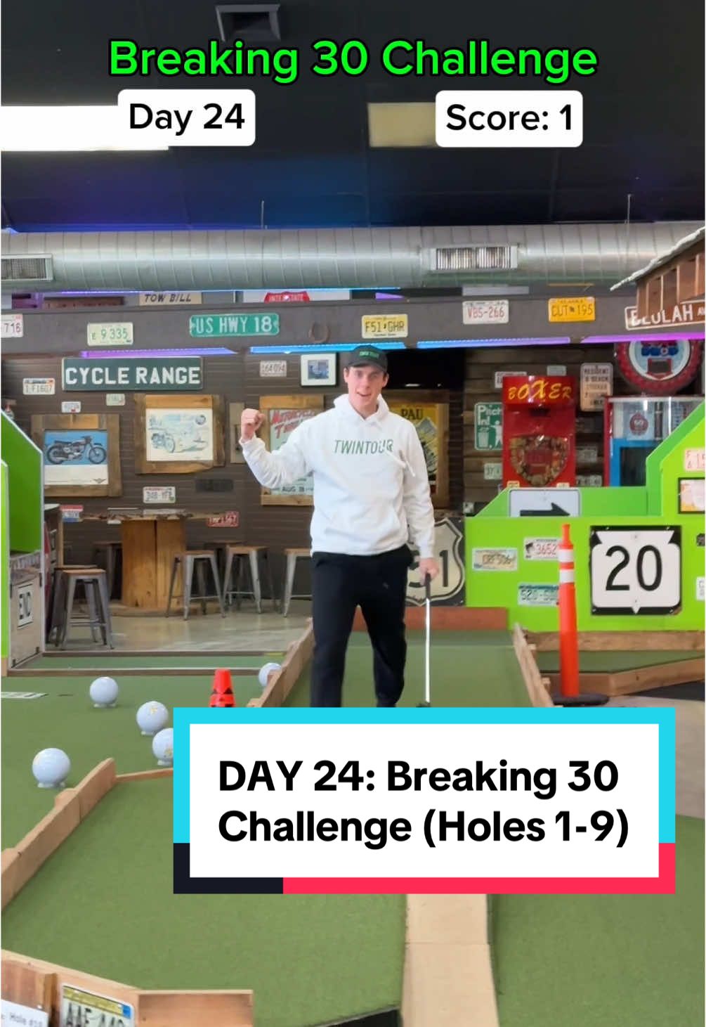 DAY 24: Breaking 30 Challenge (Holes 1-9) #twintourgolf #minigolf #golf #fyp #foryoupage #twins #bigputtsminigolf @Twin Tour Golf @Danny Sanicki @Big Putts Mini Golf 
