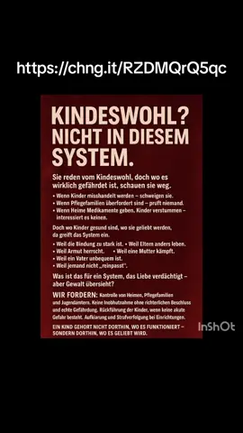 Sie nehmen uns unsere Kinder. Ohne Gericht. Ohne Wahrheit. Ohne Gewissen. Sie kommen mit einem Zettel, mit einem Vorurteil, mit einer Meinung. Und sie reißen ein schreiendes Kind aus den Armen einer Mutter, die es neun Monate getragen hat, die es nächtelang gehalten hat, wenn es Fieber hatte, die verzichtet hat, gekämpft hat, geliebt hat – bis zur Selbstaufgabe. Weil eine Bindung „zu eng“ war. Weil jemand fand, das Kind weint „zu viel“ beim Abschied. Weil jemand glaubte, eine andere Familie sei „besser“. Doch besser heißt nicht liebevoll. Besser heißt oft: angepasst. sauber. funktionierend. emotionslos. Und während sie die liebenden Eltern zerbrechen, wachsen Kinder in Heimen auf – ohne Nähe, ohne warme Umarmung, mit fremden Stimmen, wechselnden Gesichtern und Medikamenten zur Ruhigstellung. Was ist das für ein System, das Trennung über Bindung stellt? Was ist das für ein Land, in dem Kontrolle wichtiger ist als Herz? Sie sagen, sie schützen Kinder. Aber was sie wirklich schützen, ist ein System: Ein Apparat, in dem Gutachten mehr zählen als Gefühle. In dem Fehler vertuscht werden. In dem Misshandlungen ignoriert werden – wenn sie im Heim passieren. In dem Pflegefamilien nicht geprüft werden, aber jede Mutter, die kämpft, als Gefahr gilt. Und das Kind? Das Kind zerbricht still. Es verliert seine Sprache. Seinen Halt. Sein Urvertrauen. Es lernt: Liebe ist gefährlich. Bindung tut weh. Und niemand kommt, wenn du schreist. https://www.change.org/Liebtmichnichtsystematisch Wir schreien jetzt. Für sie. Für all die Kinder, die gegen ihren Willen fortgebracht wurden. Für all die Mütter und Väter, die nie eine Chance hatten. Für all die Familien, die zerstört wurden, ohne dass je ein Beweis vorlag. Für all die Tränen, die nachts niemand sieht. Für die Wahrheit. Für Gerechtigkeit. Für Liebe. #staatsmacht #willkür #kindesmisshandlung #pädophile #familie #mädchen #entfremdung #kinder #kindermissbrauch #europäischergerichtshofmenschenrechte #politik #familienrecht #jugendamt #amt #grundrechte #grundgesetz #geschichte #gesetze #paragraph #entmachtung #machtmichfame #hilfe #hilferuf #mama #papa #elternmomente #elternsein #alltagswahnsinn #nichtwegschauen #unterhaltung #unterstütztmich #tillschweiger #samydeluxe #sido #clueso #promis #tv #redaktion #presse 
