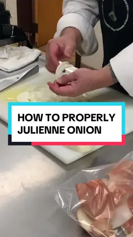 Chef instructor @Chef Grant Sato  shows us how to julienne onion. Onion skins were saved to make natural yellow dye! Make sure to take the sticker off. #fyp #cooking #beginner #culinary #foodtiktok #school #culinaryschool #student #knifeskills #onion #julienne #cut #knife 