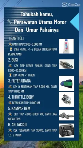 Banyak yang rajin servis, tapi lupa cek komponen-komponen ini. Padahal fungsinya krusial banget buat performa motor! ✨ Nih, list singkatnya biar kamu nggak skip lagi: Oli Mesin – Ganti tiap 2.000–3.000 km 👉 Melindungi mesin dari aus & panas berlebih. Busi – Ganti tiap 8.000–10.000 km 👉 Pemicu api buat pembakaran. Kalau aus = mesin brebet. Filter Udara – Bersihkan/ganti tiap 8.000–16.000 km 👉 Udara kotor = pembakaran nggak sempurna, bikin boros. Throttle Body – Bersihkan tiap 10.000 km 👉 Ngatur udara ke mesin. Kalau kotor, gas jadi berat & RPM nggak stabil. Kampas Rem – Cek rutin, ganti kalau udah tipis 👉 Komponen keselamatan nomor 1. Nggak bisa ditawar! Aki – Usia pakai ±2 tahun 👉 Sumber listrik motor. Kalau soak, motor susah hidup. 📌 Rawat rutin = motor lebih awet, irit, dan nyaman dipakai kapan aja. 📣 Di postingan selanjutnya, kita bakal bahas lebih dalam soal Throttle body, Jangan lewatin ya! 🚀 #PerawatanMotor #MotorHarian #TipsServis #MotorMatik #MotorSehat