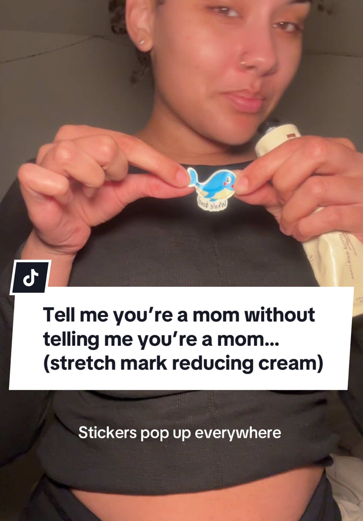 Stickers pop up EVERYWHERE 😂 even during your skincare routine to help reduce stretch marks- product from: @Nemah.co @Mary Lawless Lee #motherhood #firsttimemom #relatablemom #toddlersoftiktok 
