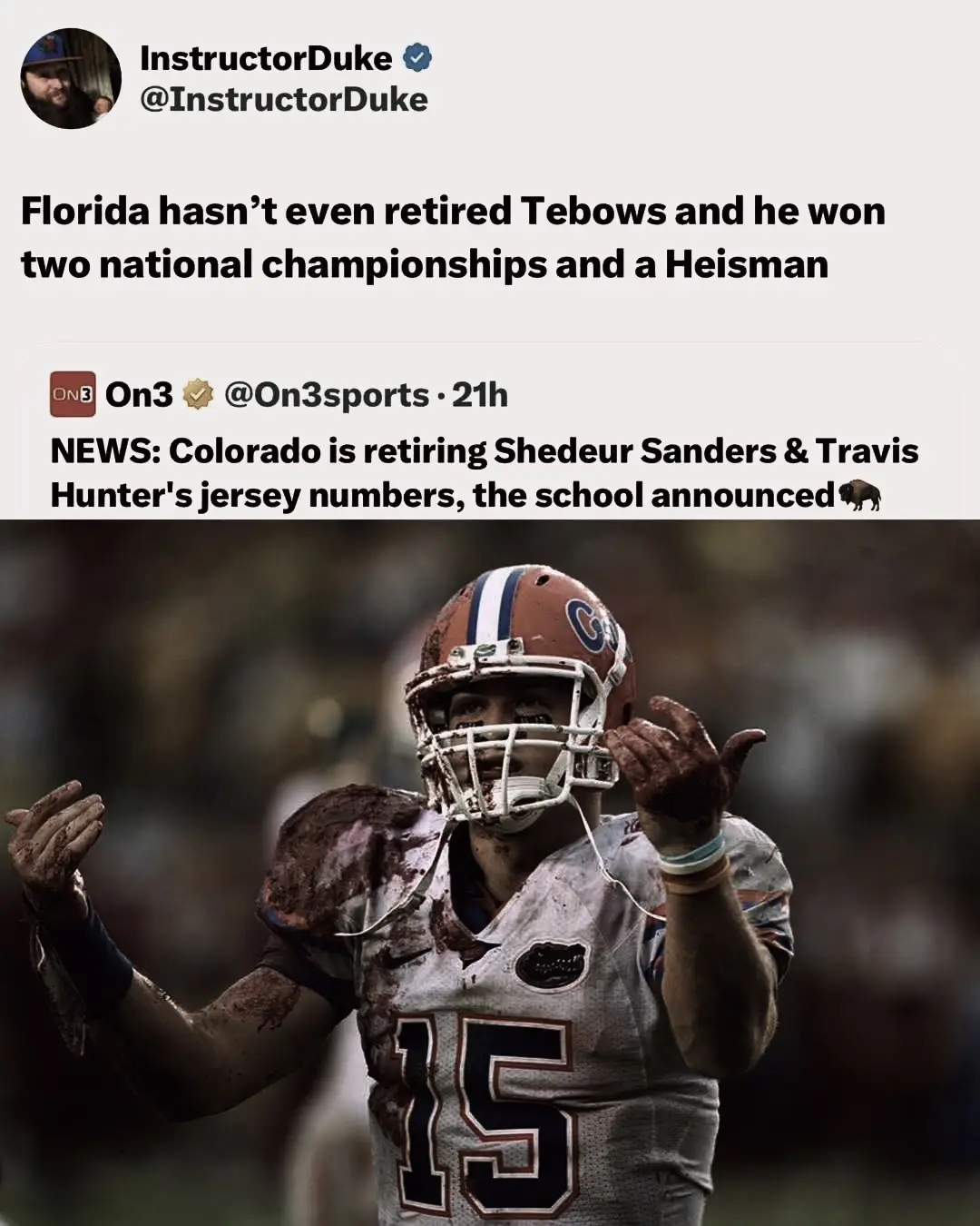 How many more terrible number 15’s are we gonna get from Florida? How long till they retire Tebow’s jersey? #cfbplayoff #footballtiktok #big12football #coloradobuffaloes #travishunter #shedeursanders #secfootball #floridagators #timtebow #foryoupage 