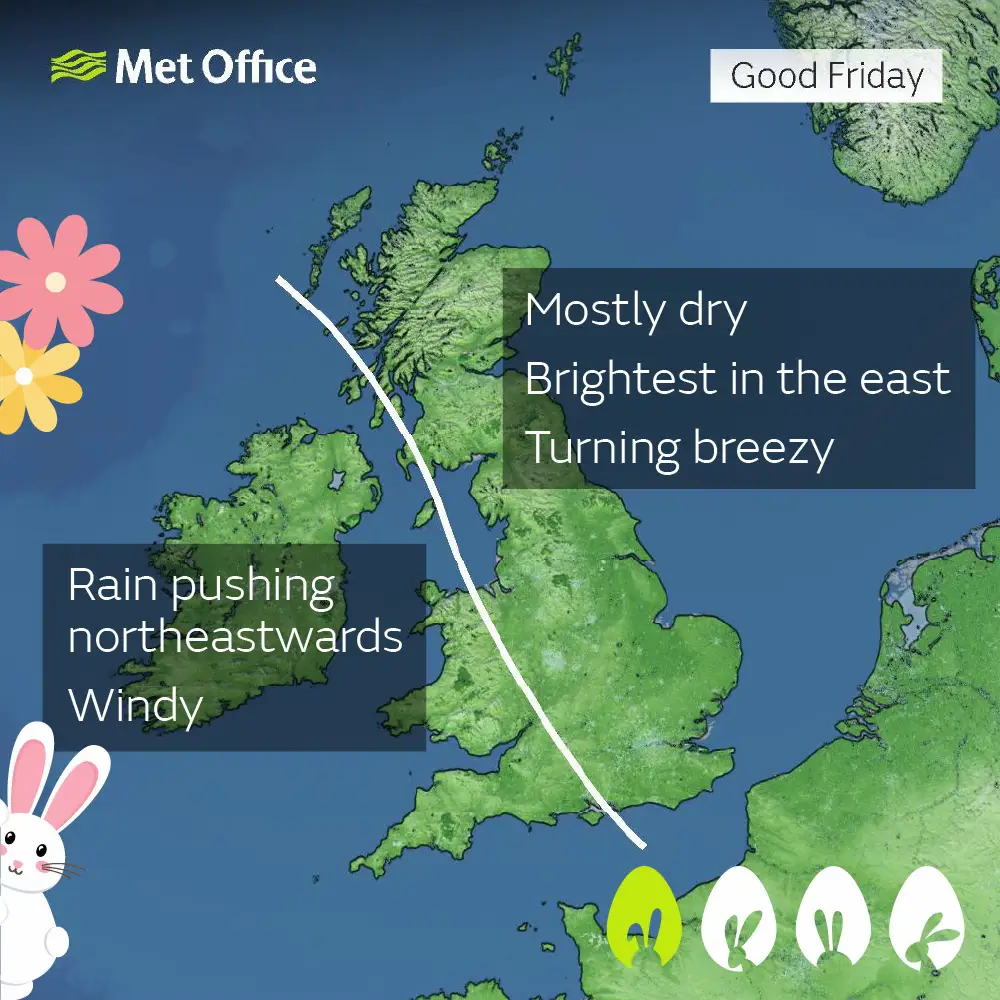 Good Friday will be the wettest day with wind and rain in the west, and some of this lingering into Saturday. Easter Sunday then looks the driest and quietest day, albeit with some rain and showers before another system brings blustery and showery weather in from the southwest on Easter Monday.  What are your plans this weekend? Off on an Easter egg hunt? 🥚 