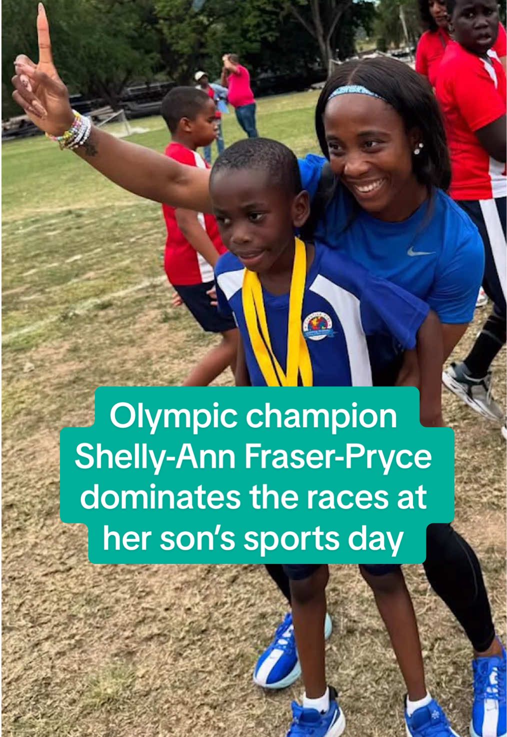 So fast, even the drone couldn’t catch her. 😭 Iconic Jamaican sprinter Shelly-Anne Fraser Pryce showed out at her son’s sports day on Wednesday. She’s the third fastest woman of all time, and has eight Olympic medals to her name. “They haven’t banned me yet so I’m at the line,” she joked on Instagram. #shellyannfraserpryce #Running #runner #sprint #sprinting #womeninsports #womenssports 