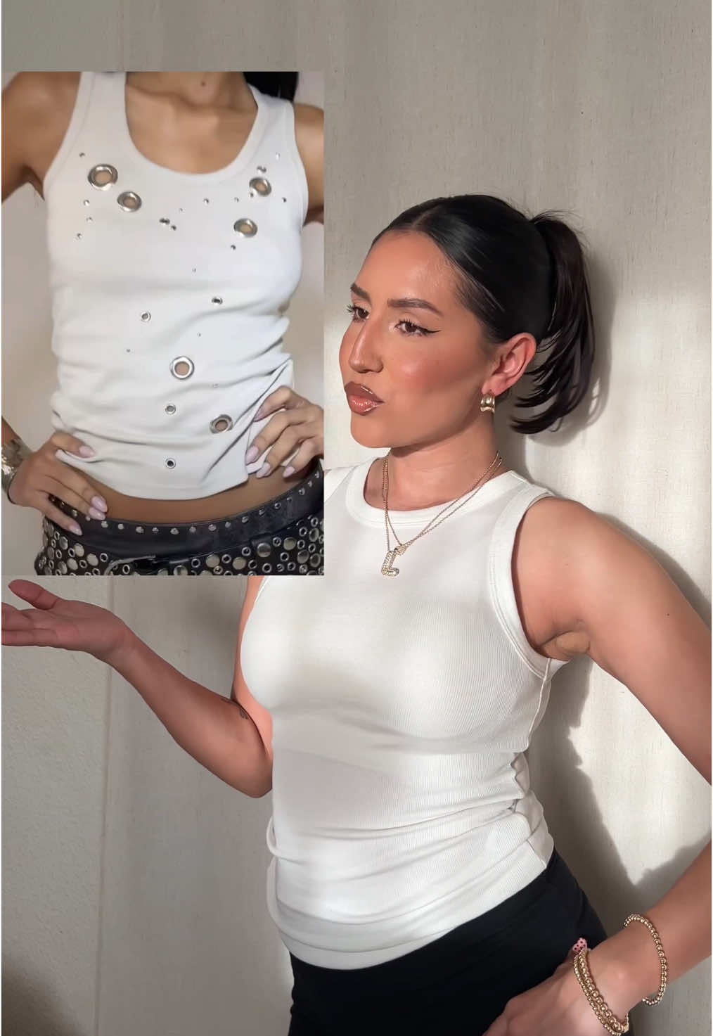 I’ve been seeing these eyelet tank tops everywhere, and they’re the perfect way to give new life to an old tank—especially if it has holes or stains. So for this episode of Why Buy It When You Can DIY It EP. 17, I’m showing you how to make your own. Materials you will need:  ✔️Ribbed tank top (preferably cotton) ✔️Small eyelets & tool ✔️Large eyelets & tool ✔️Hammer ✔️Scissors ✔️Two different colored markers or Sharpies 1️⃣Start by grabbing a basic ribbed tank—mine is from Target and was only $10—and pick up a pack of small and large eyelets. 2️⃣ Decide where you want each eyelet to go. Avoid placing any around the chest area, especially if you plan on wearing the tank braless. 3️⃣Next, use two different colored markers to map things out—yellow for small eyelets, green for large ones. 4️⃣Once everything is marked, take a pair of scissors and make tiny slits at each point. Since the fabric is ribbed, make sure the cuts stay small so the eyelets stay in place. 5️⃣Place the front piece of the eyelet face-down, position the tank on top (also face-down), then line up the back piece and secure it with your eyelet tool and a hammer. Repeat this process for all the small eyelets. Once all the small eyelets are in, move on to the large ones using the exact same process.
