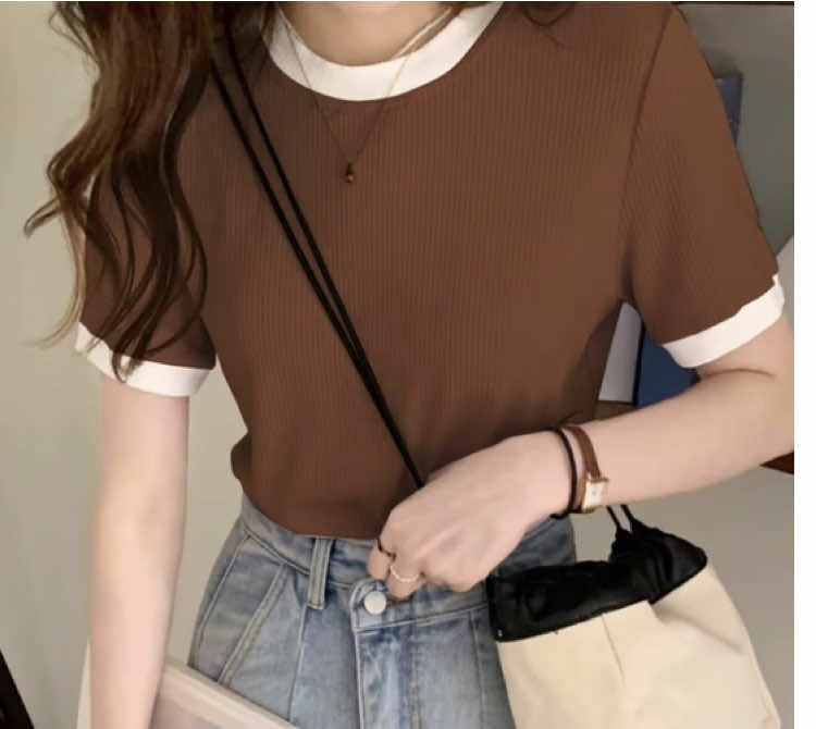 contrast binding round neck tee #tops #2colors #trendtops #f 