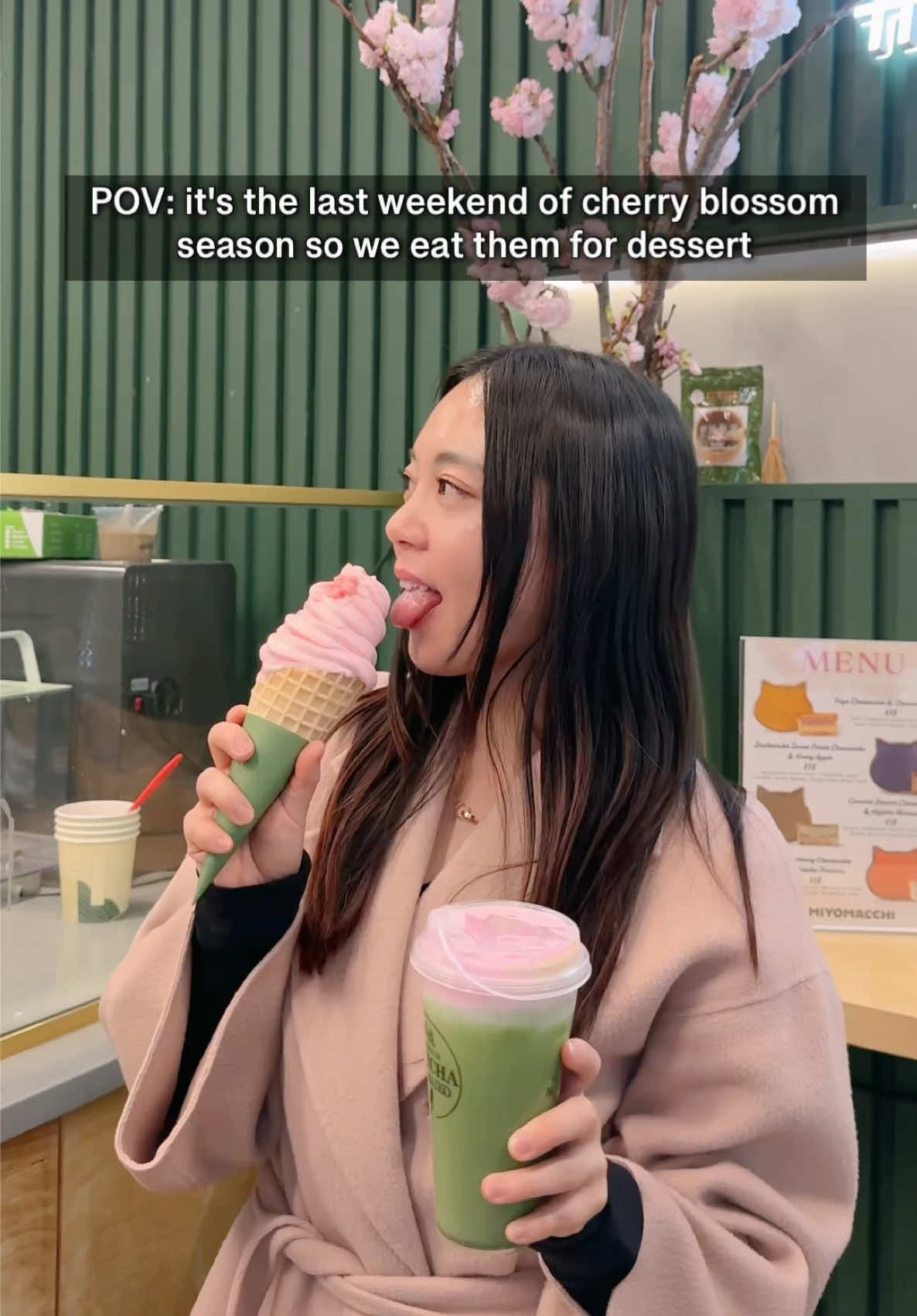 POV: it's the last weekend of cherry blossom season so we eat them for dessert #hangryasians #matcha #sakura #cherryblossom #matchalatte #sakuradessert #edibleflowers 