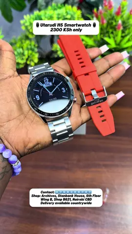 Utarudi H5 Classic Circular Smartwatch Details: Most affordable multifunctional circular smartwatch. Ip68 waterproof and ships with 2 straps. Features: 1.43 bright Hd display 466*466 pixel density for vivid colours Low power powerful chip Smooth user interface 50 plus sport modes Movement map track on the App Heart rate, bloop O2 and bp monitor Tiktok control Make and receive bluetooth calls Receive major notifications Ip68 water and dust resistivity 2 mettalic and leather straps Ksh 2300