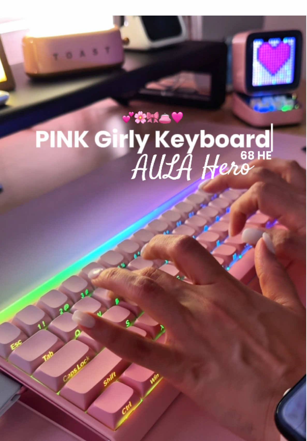 ok but why am I genuinely this excited over a keyboard?? the RGB is stunning, it sounds so satisfying, and the quality feels wayyy more expensive than it is. like… this is giving luxury setup on a budget and I wasn’t ready. & can we talk about the PINK color?! It is THE perfect pink. It matches my vibe so well 👏🏼⌨️💕✨ I can tell you I had a wonderful wfh shift today typing away on this new keeb. Thank you sm @Aula this keeb is 🔝TIER 👌🏼✨ #aula #aulakeyboard #aulahero68 #aulahero68he #magnetickeyboard #creamykeyboards #thockykeyboard #keyboard #keyboardasmr #typingasmr #pinkkeyboard #pinkaesthetic #pinkdesksetup #pinkgirl 
