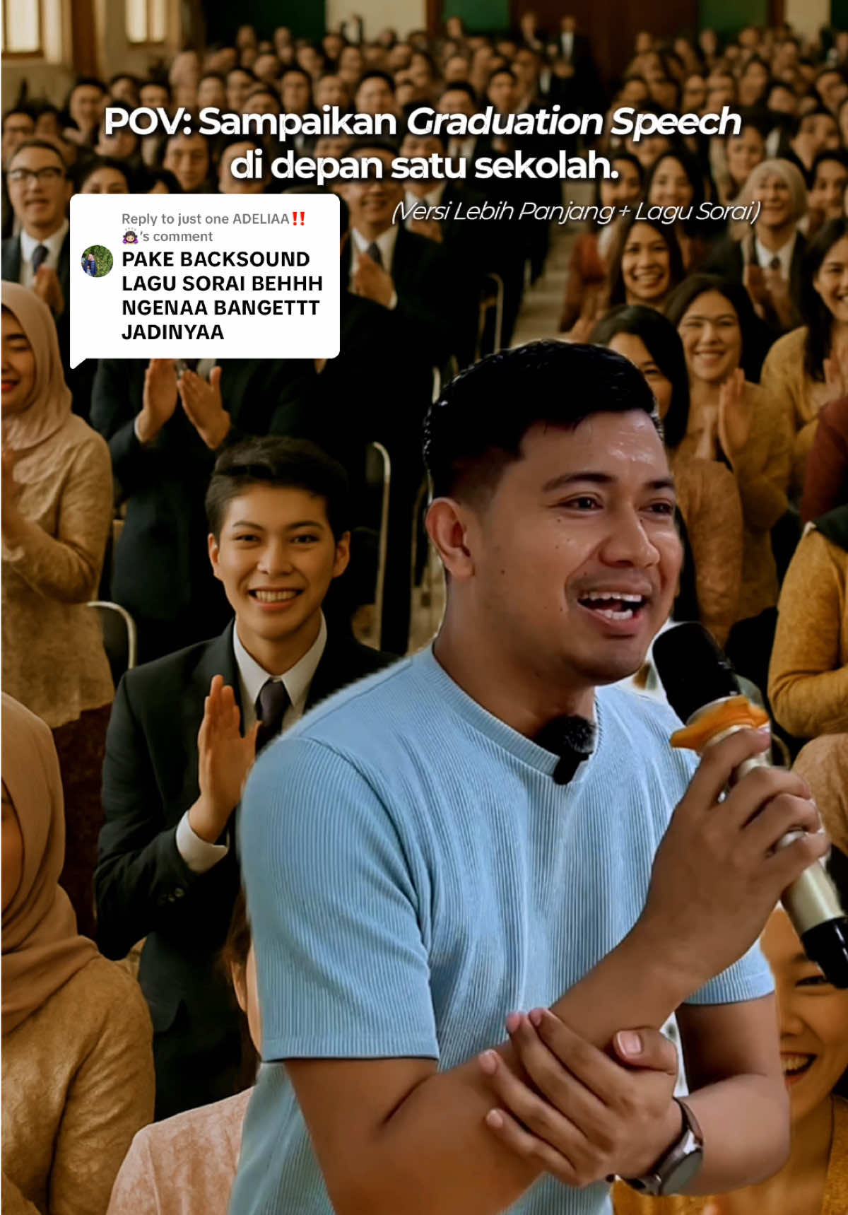 Replying to @just one ADELIAA‼️🙇🏻‍♀️ Graduation speech ini mungkin bukan pidato paling indah. Tapi mungkin... ini pidato yang bisa kamu rasakan. Buat yang sedang lulus, atau yang pernah ngerasain lulus—this one’s for you. (Versi lebih panjang + Lagu Nadin Amizah - Sorai + tone semi-formal) Kalau kamu yang disuruh bawain pidato, kamu akan… — #po#povu#publicspeakingn#anzarahmade#genzambutankelulusan 