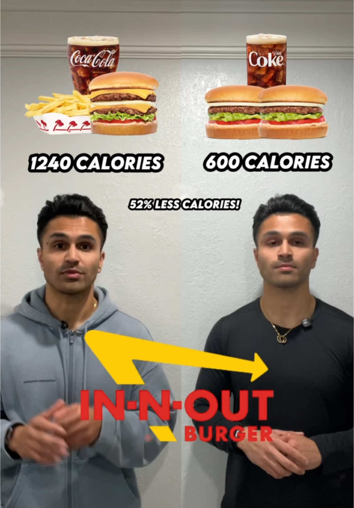 Here are some examples on how to make better choices at your favorite fast food restaurants: 1. In-n-out Common Order: 1 Double-Double Burger (490cals) 1 French Fry (480cals) 1 Medium Coke (510cals) Lower Calorie Order: 2 Hamburgers, substitute the spread with ketchup and mustard (600cals) 1 Medium Diet Coke (0cals) 2. Jack in the Box Common Order: 1 Bacon Ultimate Cheeseburger (930cals) 1 Medium Seasoned Curly Fries (430cals) 1 Regular Dr. Pepper (320cals) Lower Calorie Order: 1 Grilled Chicken Sandwich, no Good Good sauce, no Butter (380cals) 1 Jr. Jumbo Jack Cheeseburger (360cals) 1 Regular Diet Dr. Pepper (0cals) 3. El Pollo Loco Common Order: 1 Guacamole Chicken Burrito (960cals) 1 Chips & Queso (960cals) 1 Regular Coke (180cals) Lower Calorie Order: 1 Original Pollo Bowl (580cals) 2 Chicken Taco Al Carbon (340cals) 1 Regular Diet Coke (0cals) If this was helpful or you would like to see more of these types of videos, please follow @hempatelfitness for more value! #healthyeating #macrofriendly #fastfood #fastfoodhealthy #HealthyFastFood #innout #jackinthebox #elpolloloco 