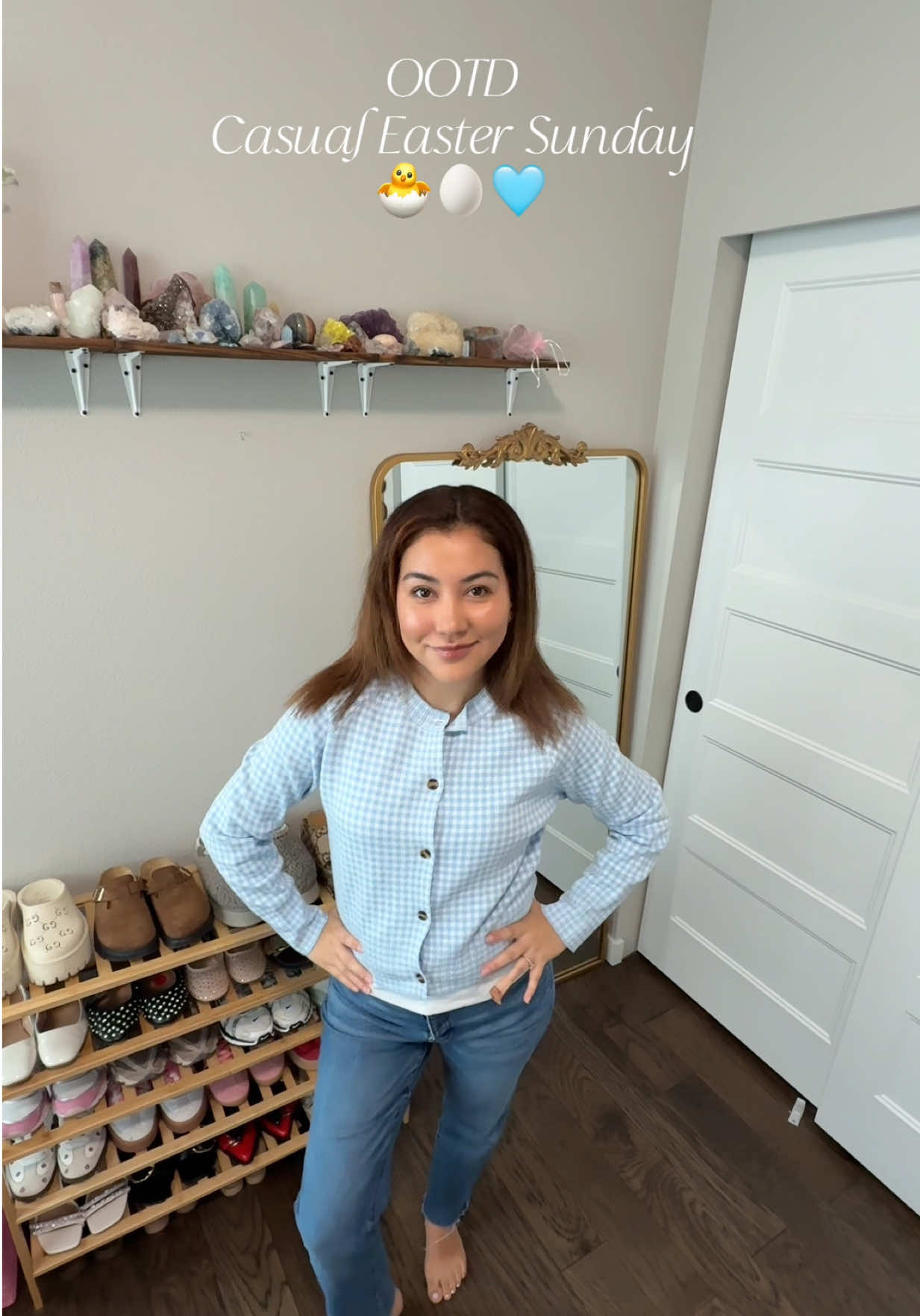 Getting ready to hide some eggs 🐣. I hope everyone is having a restful weekend!  Sweater @Ross Dress for Less  Jeans @target  Shoes @target Necklace @Urban Outfitters  Bag @Marshalls  #OOTD #momfit #outfit #casualoutfits #marshalls #rossfinds 