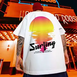 COD Kaos cetak matahari terbenam baru 220g katun murni lengan pendek pria dan wanita gaya yang sama longgar ukuran besar#tshirt #OOTD 