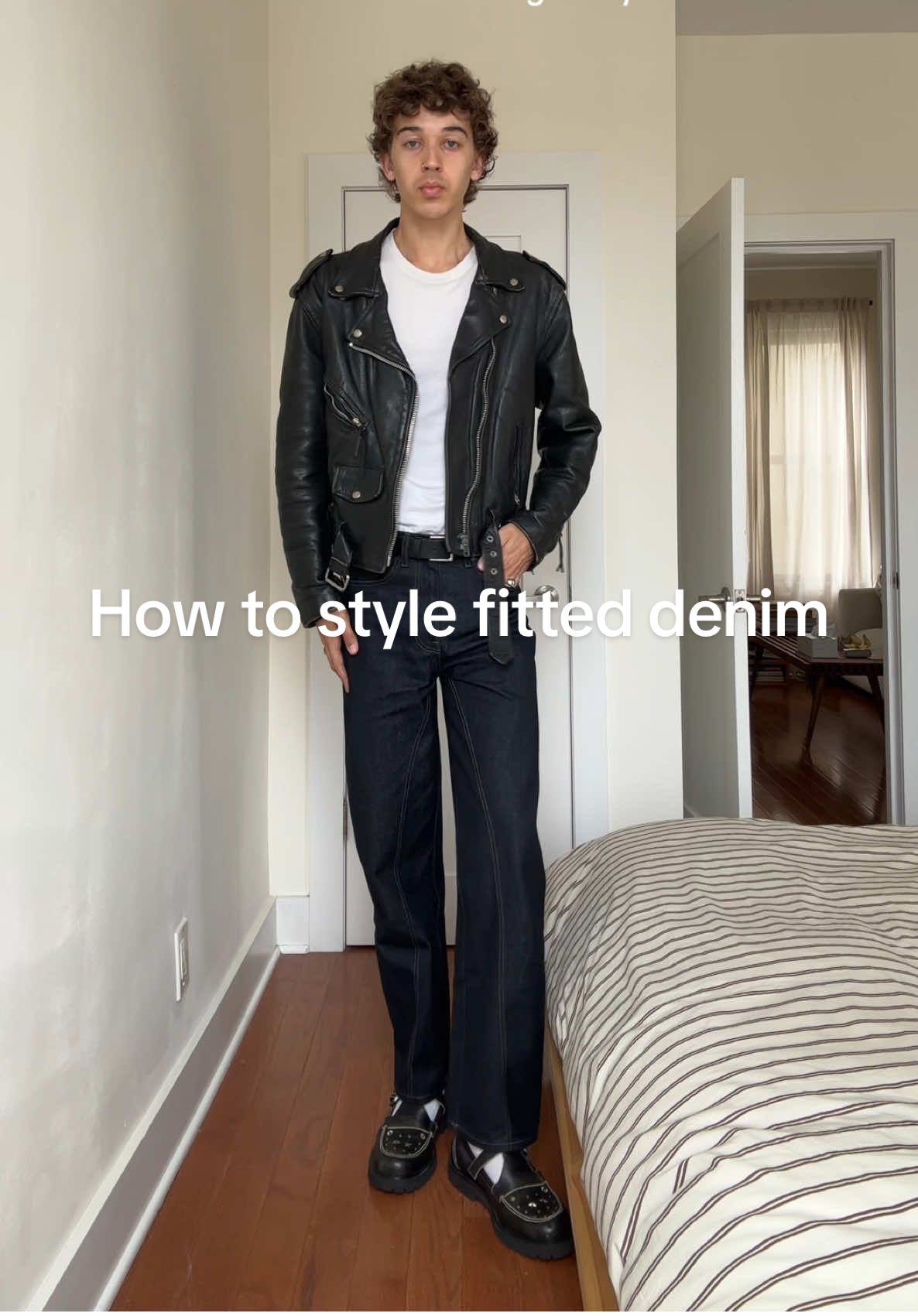 it’s all about the denim silhouette imo 🤌 #outfit #fashion #mensfashion #stylinginspo #maryjanes #denim #vintagefashion #leatherjacket 